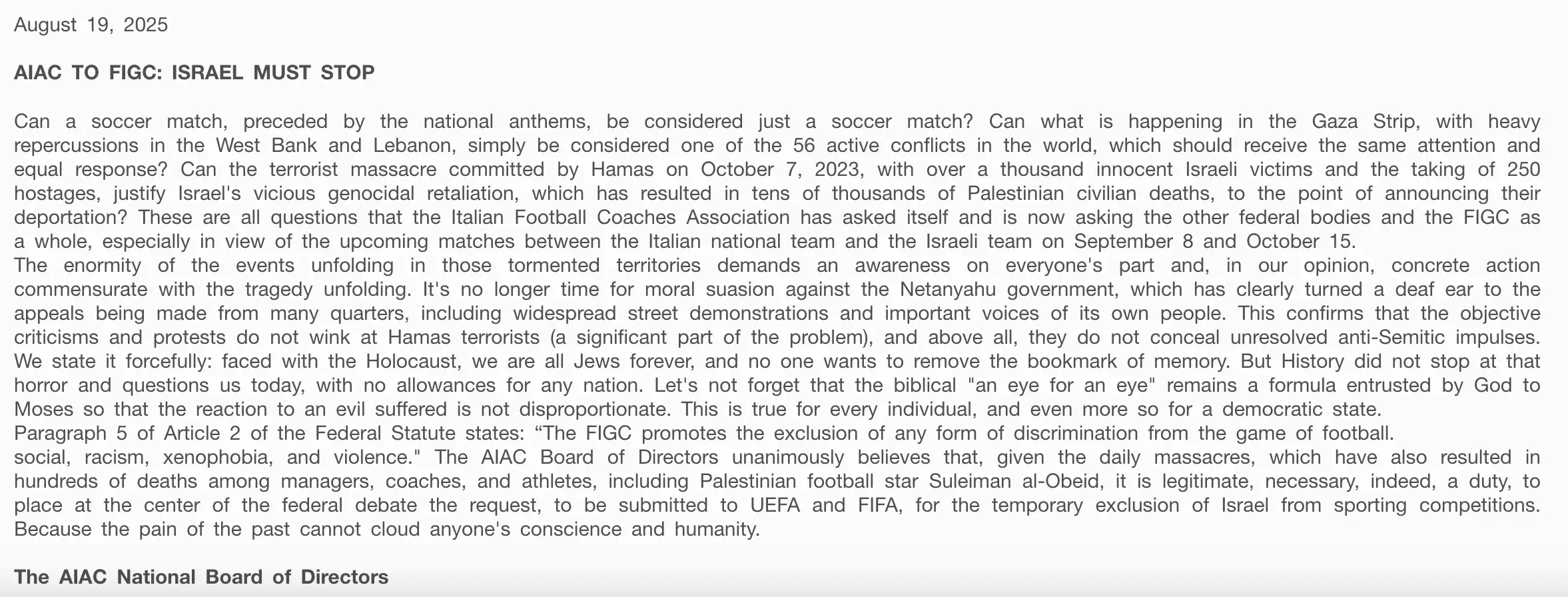 The Italian Football Coaches Association (AIAC)'s statement on Israel (Image: AIAC)