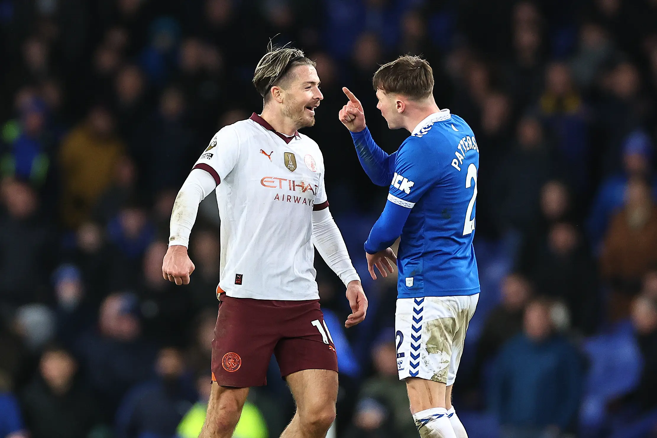 Jack Grealish and Nathan Patterson clashing at Goodison Park (credit: getty)