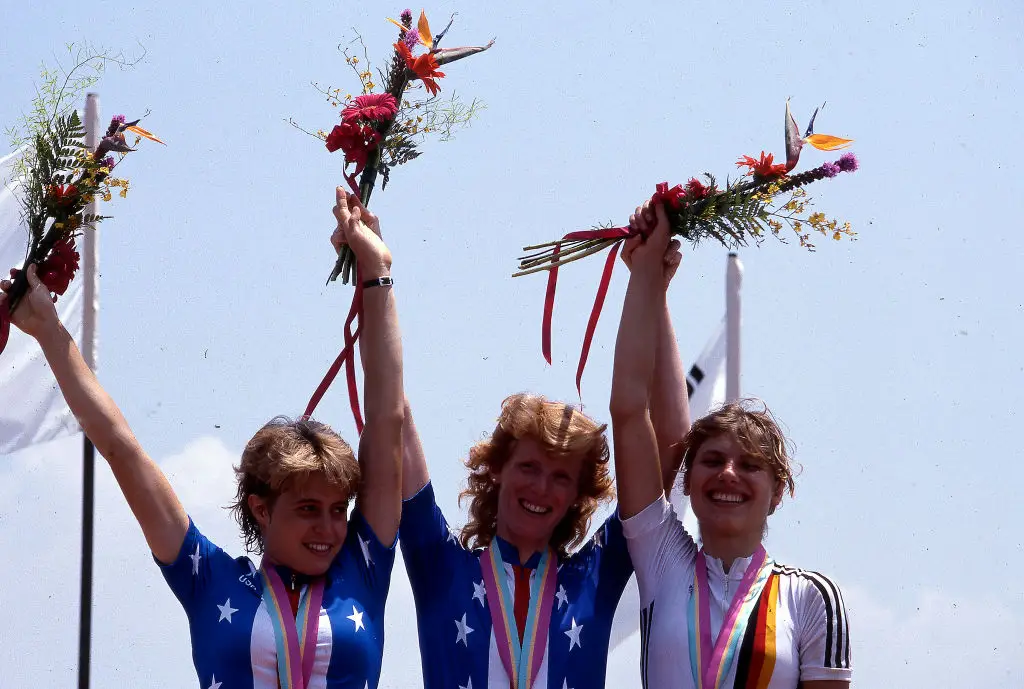 Rebecca Twigg (left), Connie Carpenter (centre) and Sandra Schumacher (right) at the 1984 Olympic Games (Credit:Getty)