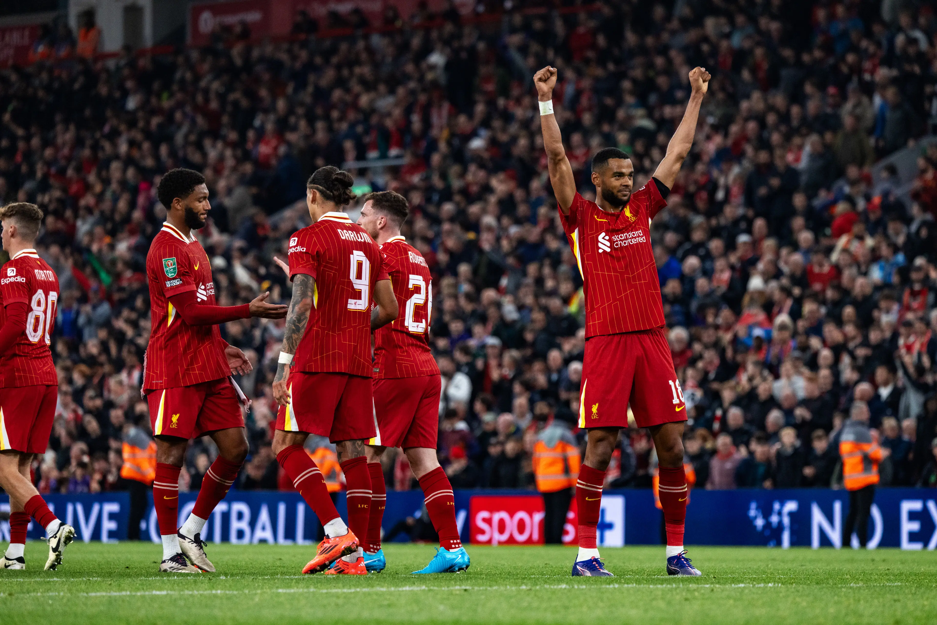Cody Gakpo celebrates scoring a goal for Liverpool. Image: Getty 
