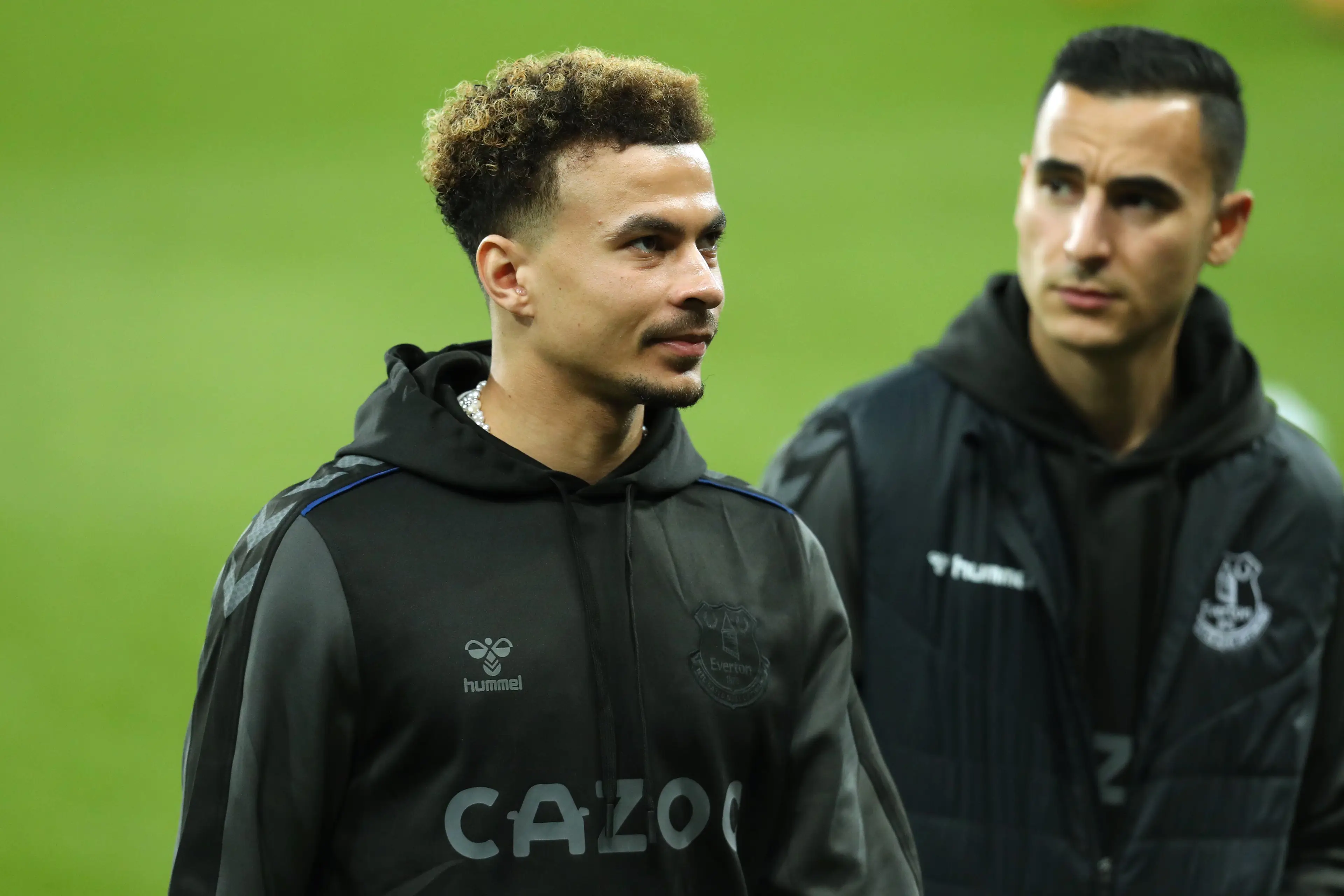 Dele Alli and Anwar El Ghazi arriving for Everton vs Newcastle back in February. (Image