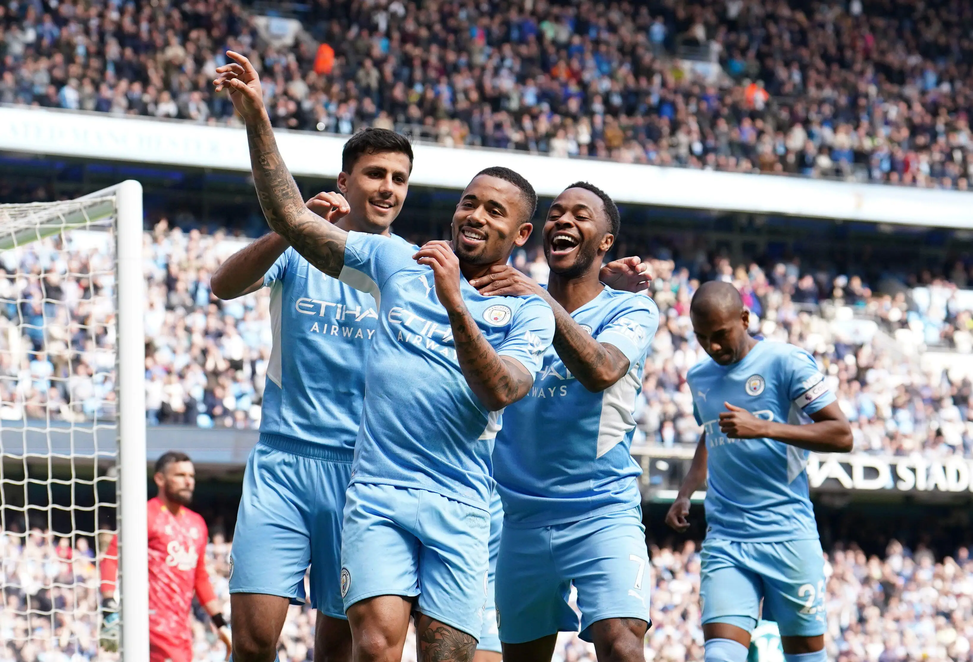 Rodri, Gabriel Jesus, Raheem Sterling and Fernandinho celebrating the Brazilian's goal (Alamy)