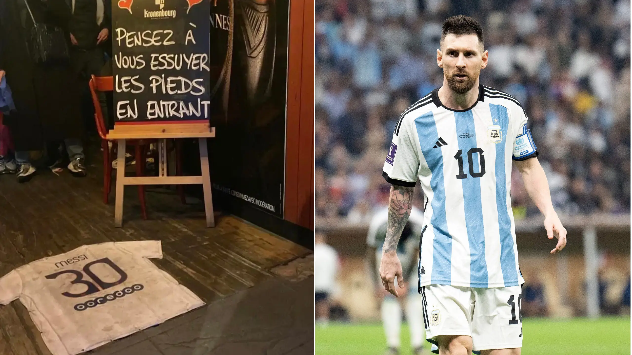 Lionel Messi PSG shirt used as a doormat at a French pub