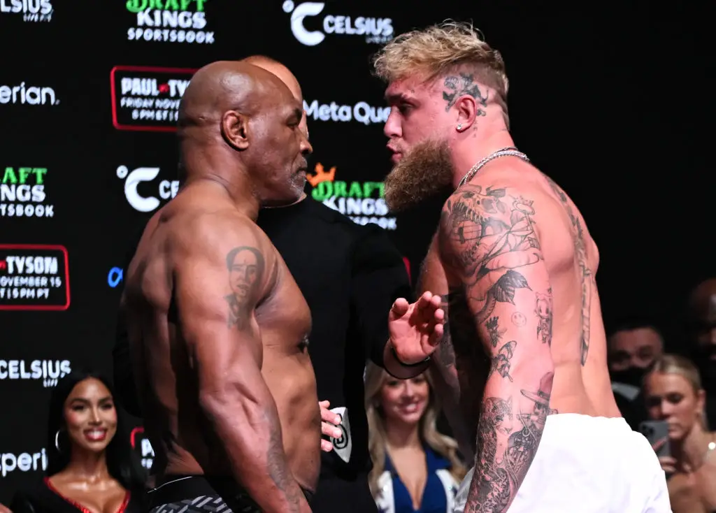Mike Tyson and Jake Paul were involved in a heated clash during the weigh-ins for their fight on Thursday. (Image: Getty)