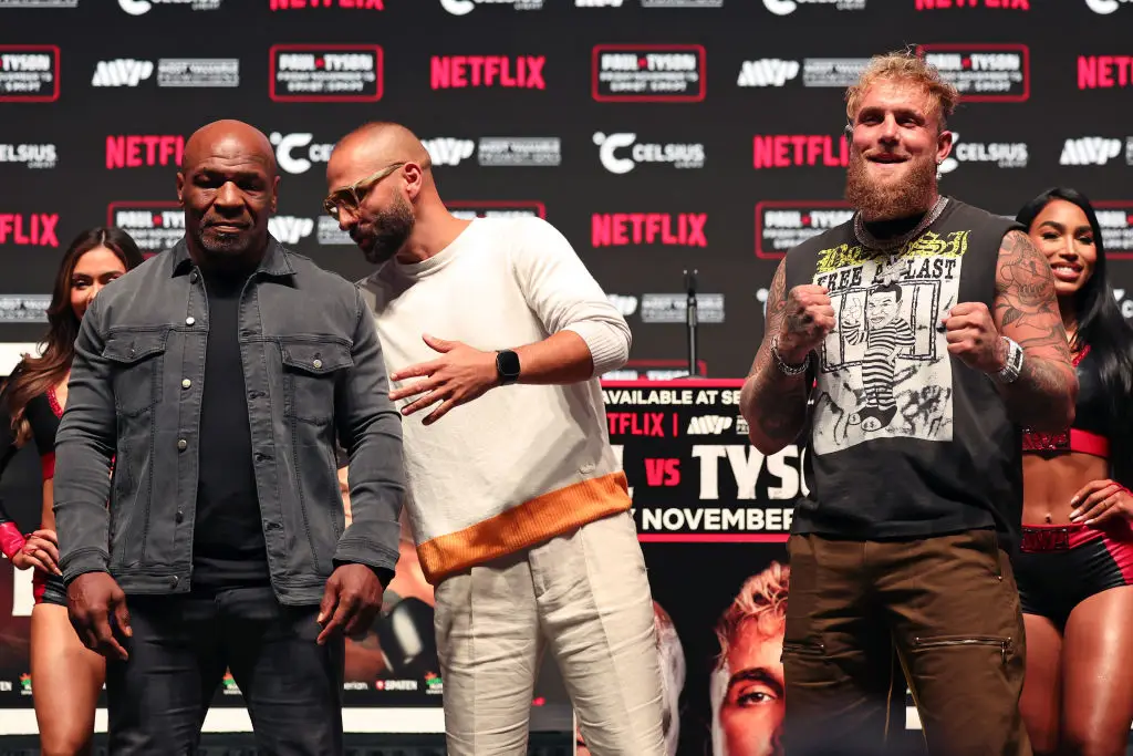 Jake Paul and Mike Tyson face off before their fight (Image: Getty)