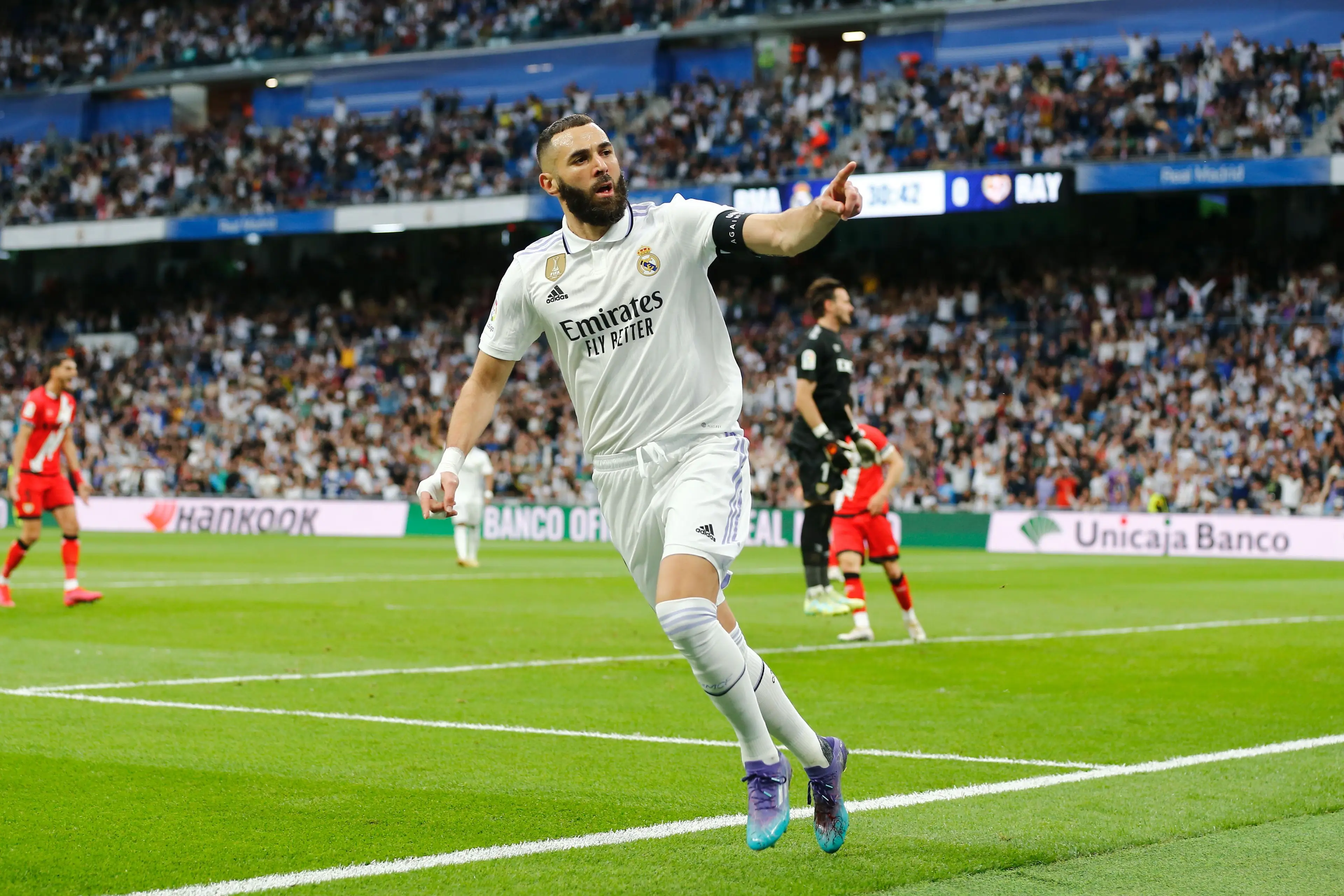 Karim Benzema celebrates scoring a goal for Real Madrid. Image: Alamy 