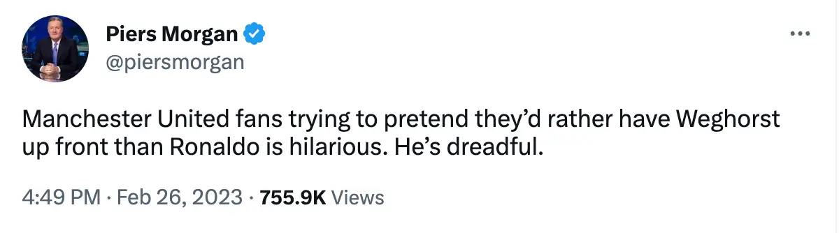 Morgan's tweet criticising Weghorst. (Image