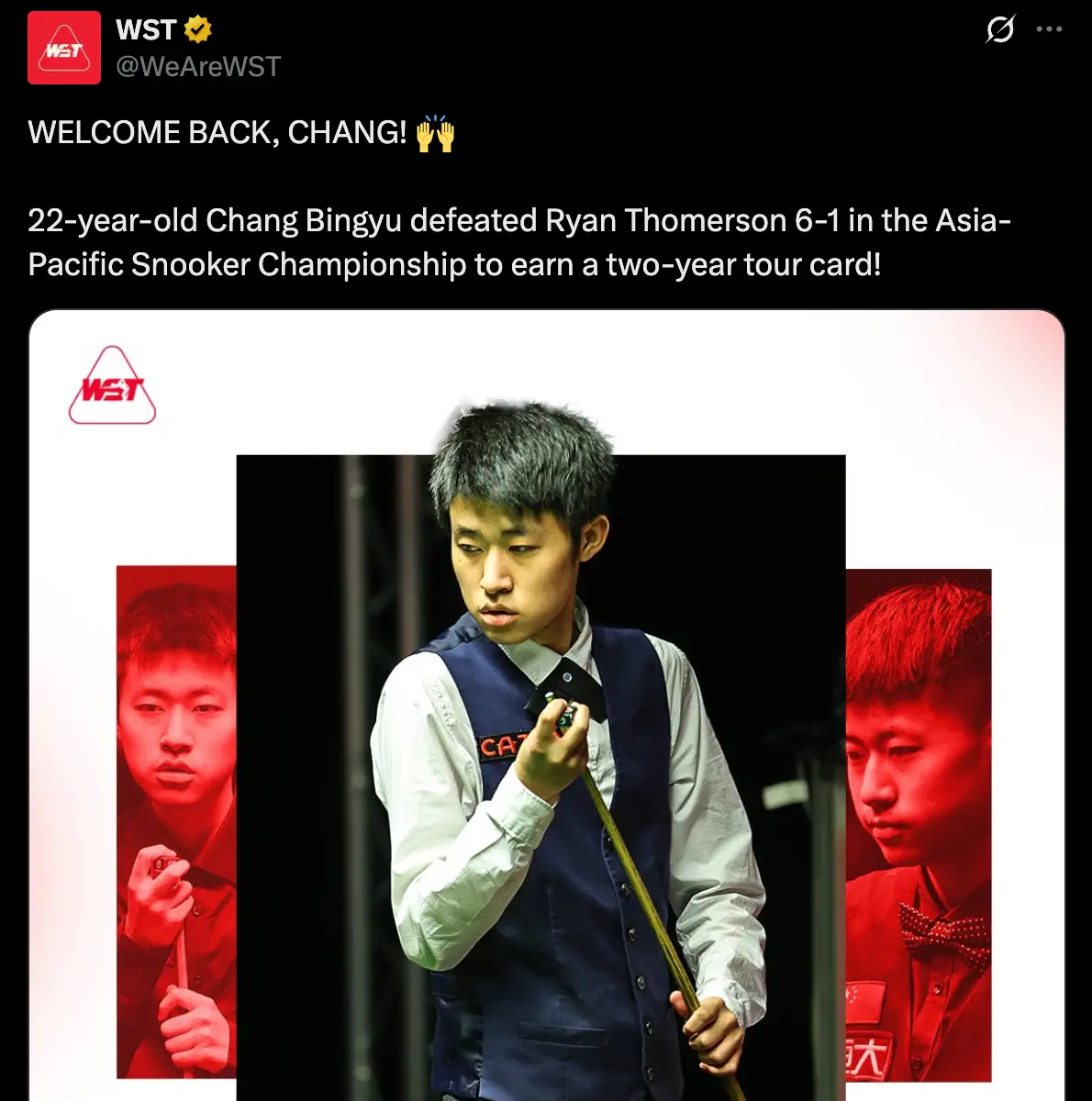 Chang Bingyu will return to the World Snooker Tour next season (Image: WST)