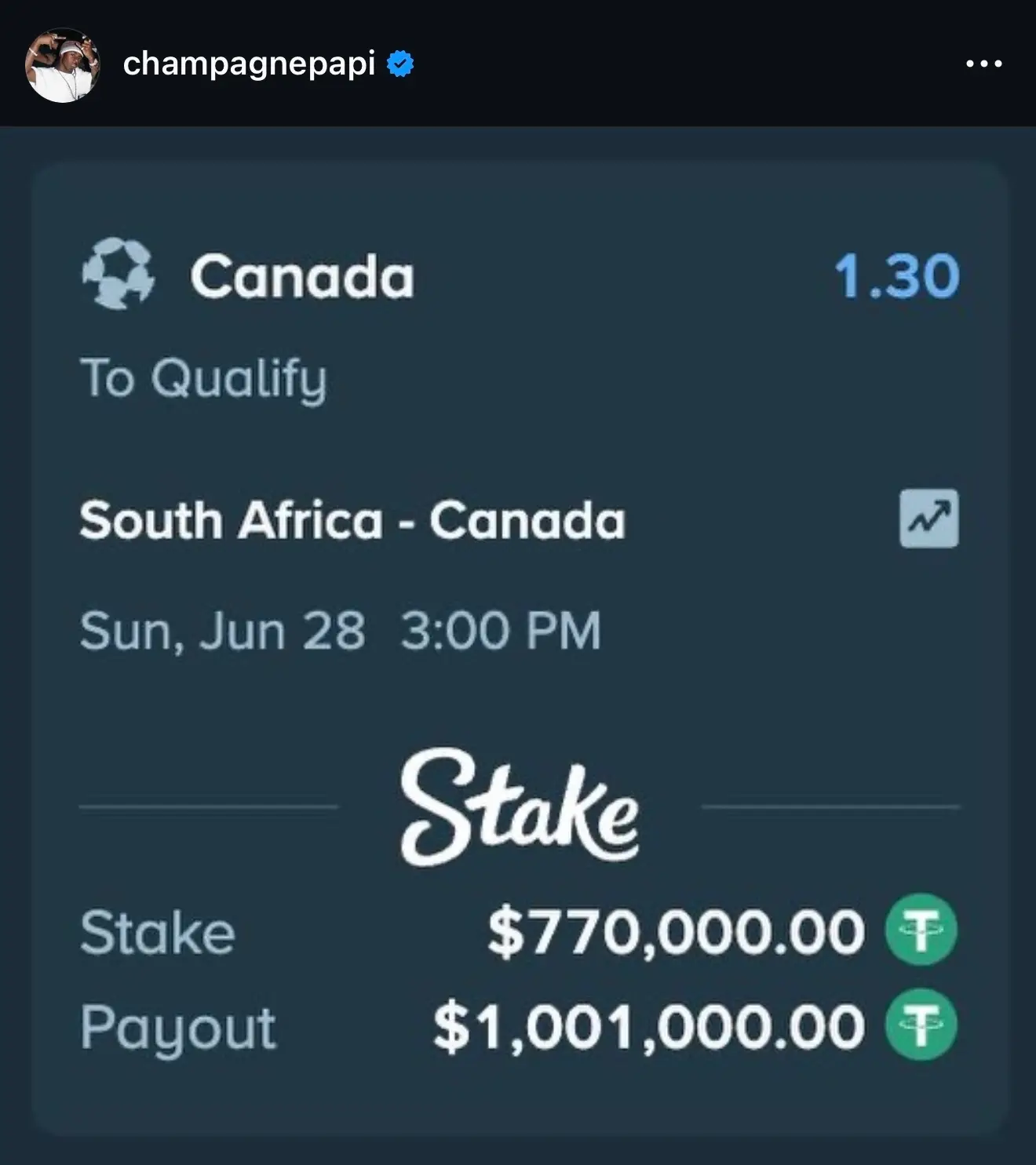 Drake shared the wager on Instagram. Image: Instagram/@champagnepapi