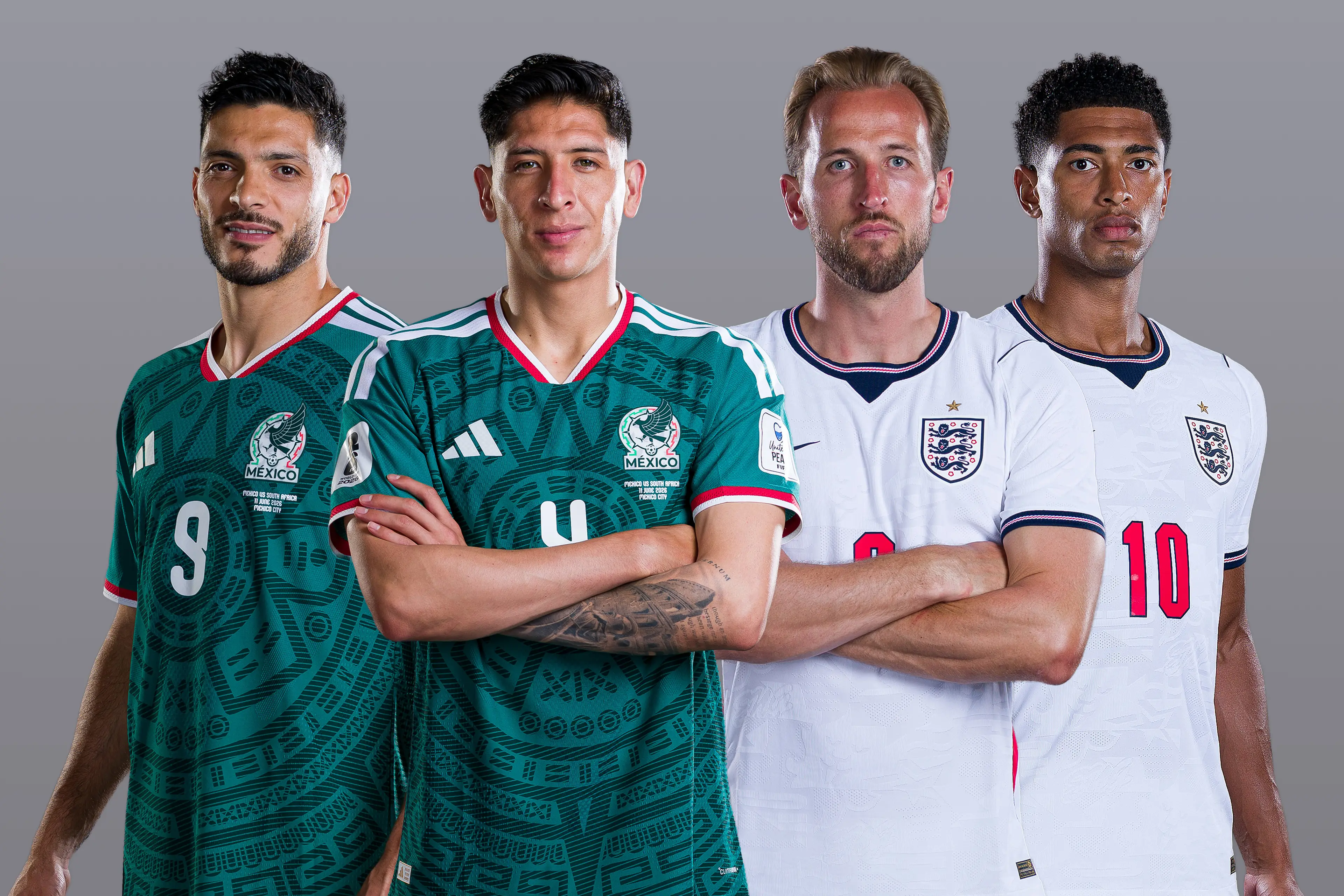 This image, created on July 2, is a digital composite of image numbers 2280548170, 2280548401, 2280721450 and 2280721826.) In this photo illustration, (L-R) Raul Jimenez and Edson Alvarez of Mexico and Harry Kane and Jude Bellingham of England ahead of the FIFA World Cup 2026 Round 16 match between Mexico and England (Getty Images)
