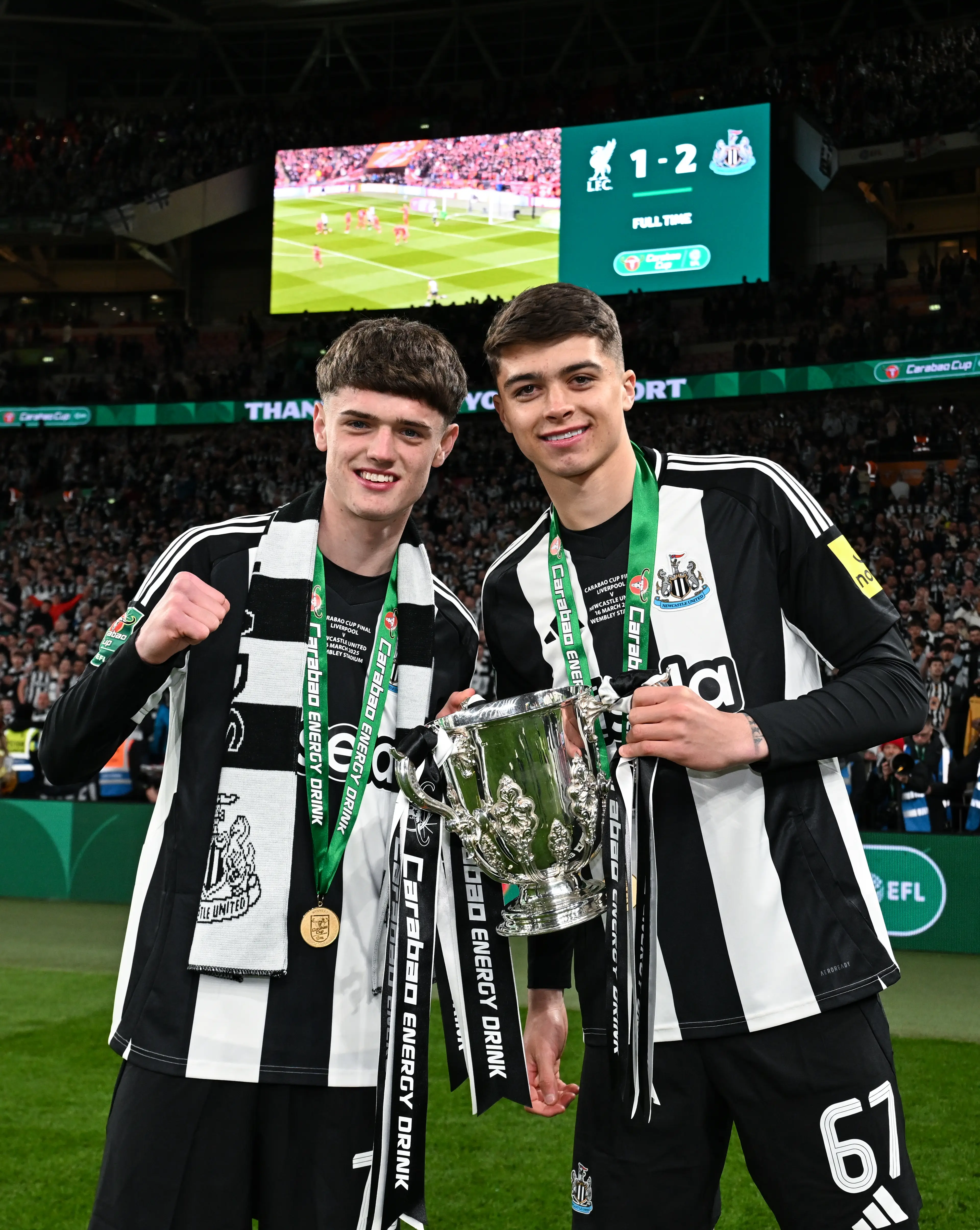 Neave and Lewis Miley celebrate following Newcastle's Carabao Cup final win. Image credit: Getty