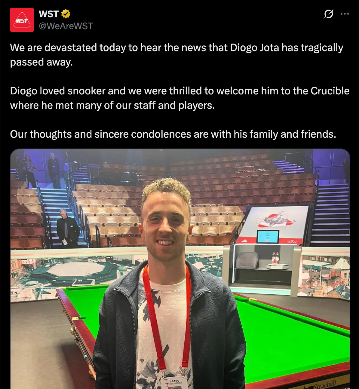 Diogo Jota attended the World Snooker Championship at the Crucible (Image: Twitter/@WeAreWST)
