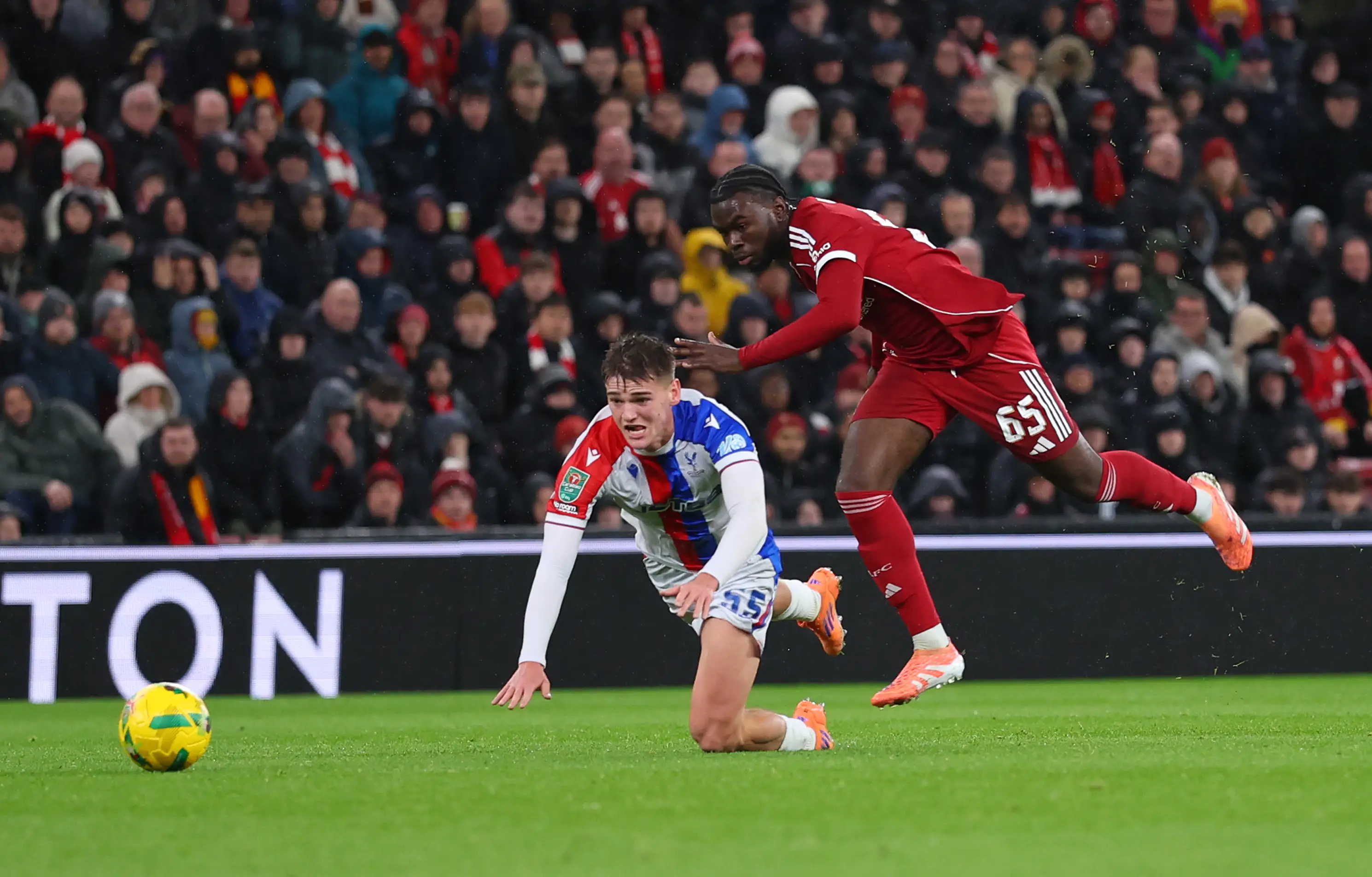 Amara Nallo was sent off after bringing down Justin Devenny. Image: Getty