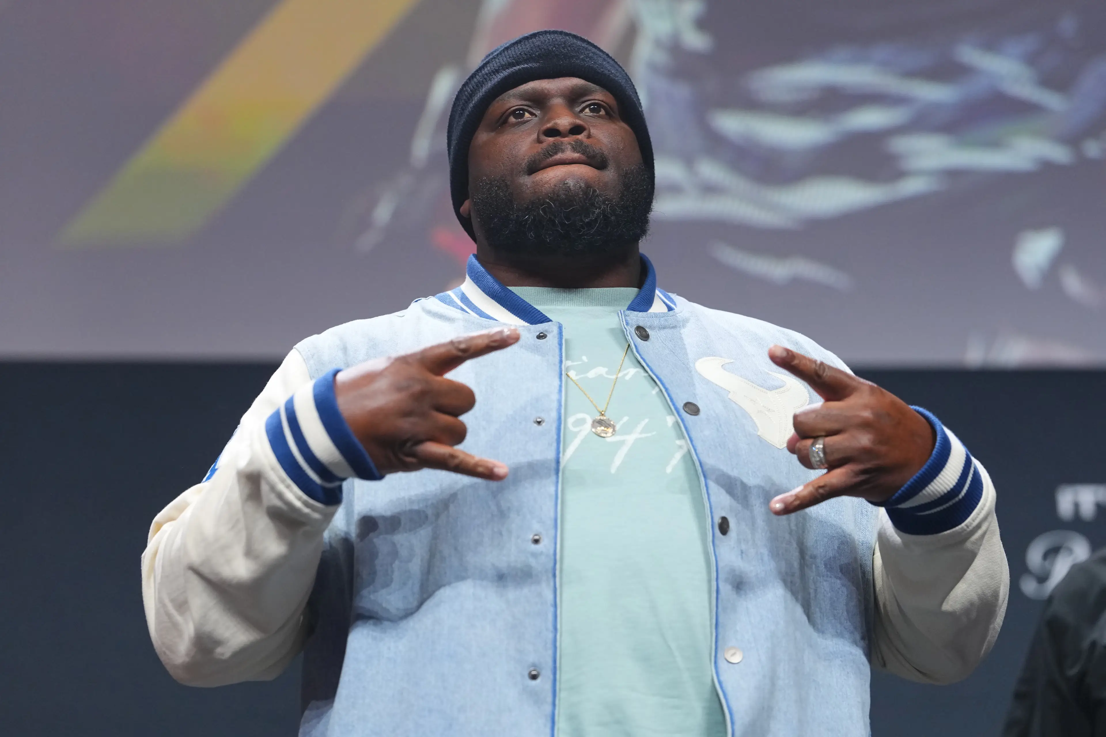 Derrick Lewis on stage for UFC's seasonal press conference. Image: Getty