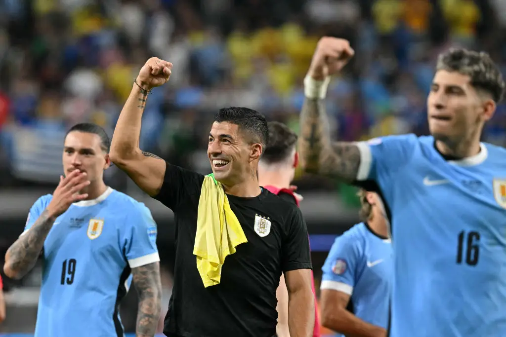 Luis Suarez celebrates after Uruguay knock Brazil out of the 2024 Copa America -