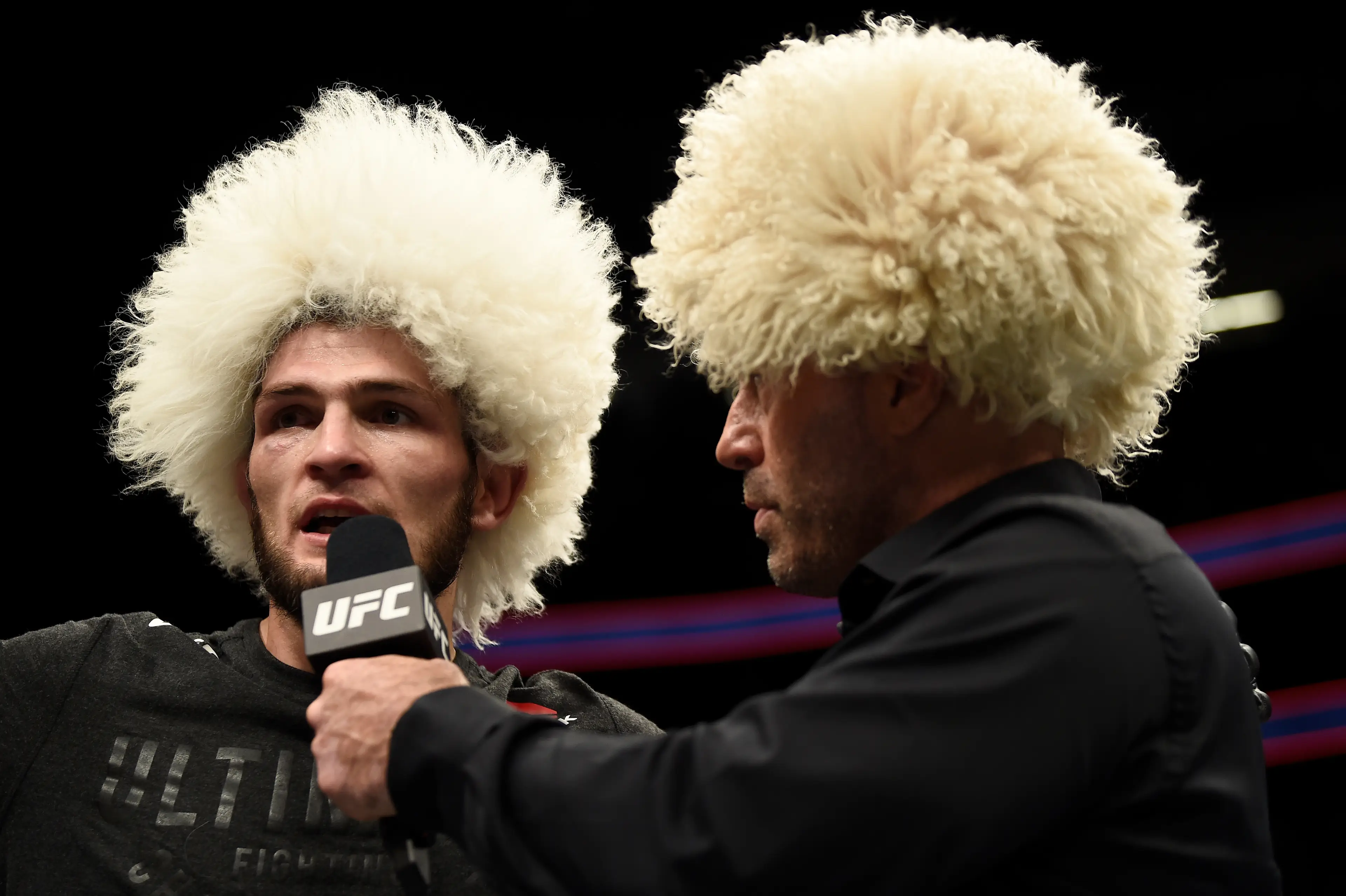 Joe Rogan speaks to Khabib Nurmagomedov in the Octagon. Image: Getty
