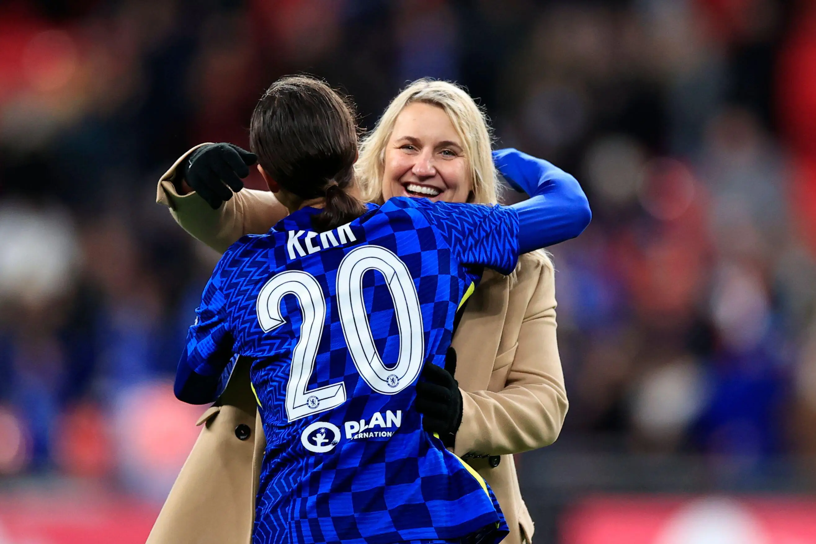 Emma Hayes hugs Sam Kerr.