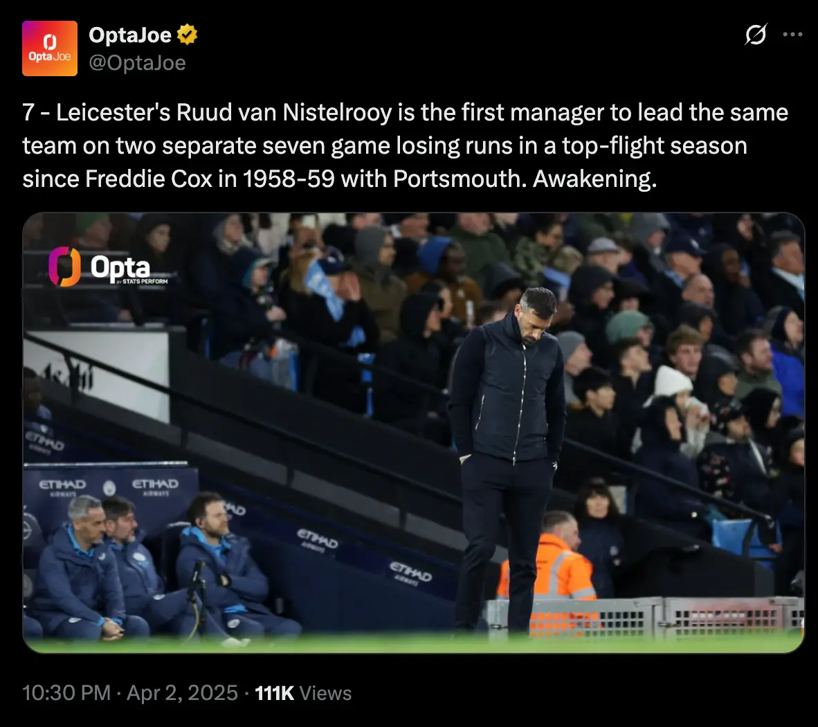 Van Nistelrooy has won just four of his 24 matches as Leicester boss (Image: Twitter)