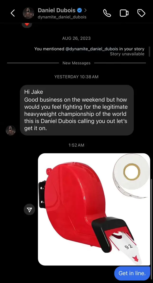 Jake Paul has posted his conversation with Daniel Dubois on social media. Image