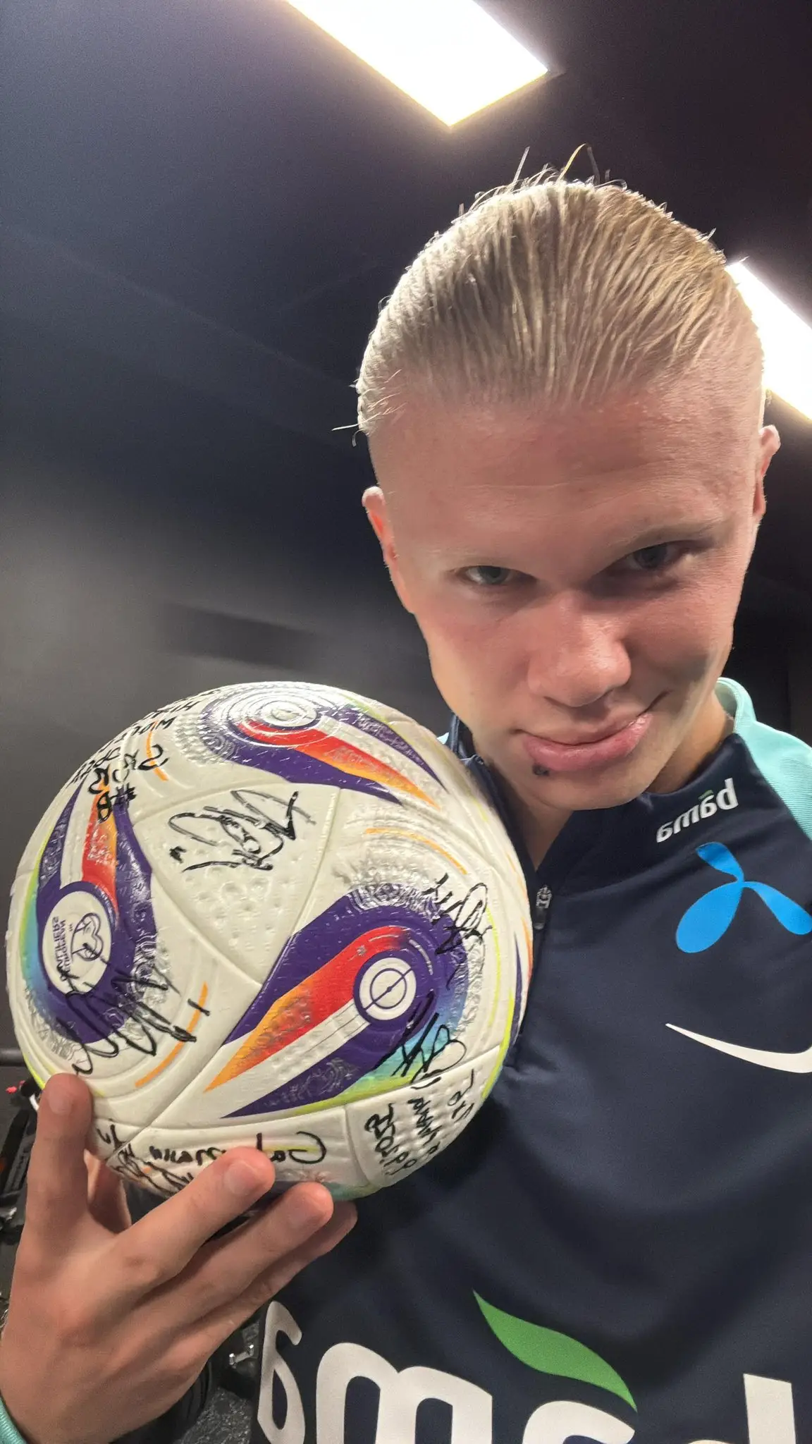 Haaland celebrates with the match ball. Image credit: X/@ErlingHaaland