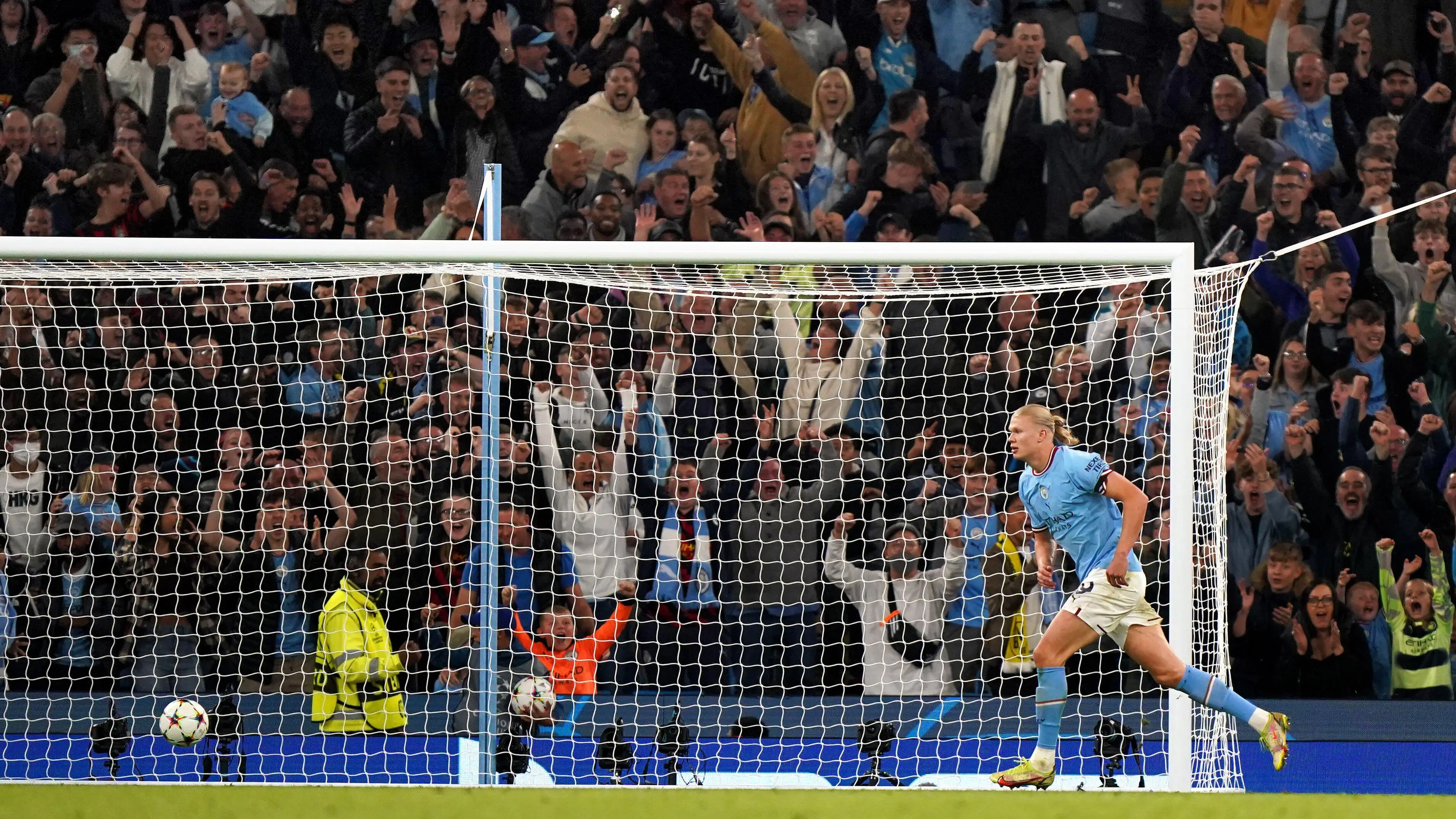 Erling Haaland celebrates for Manchester City in Champions League action.