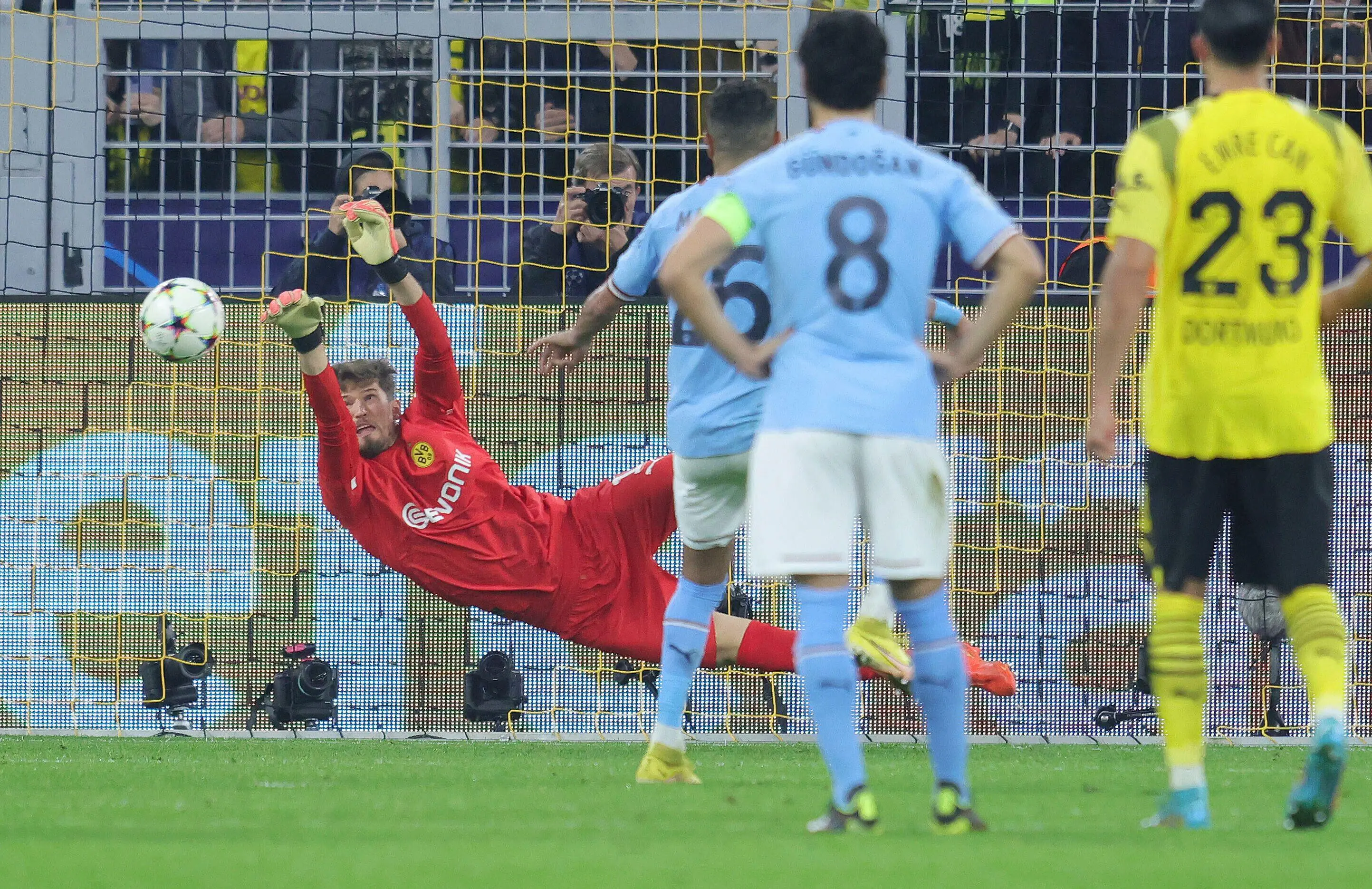 Mahrez sees his penalty saved by Gregor Kobel. Image: Alamy 