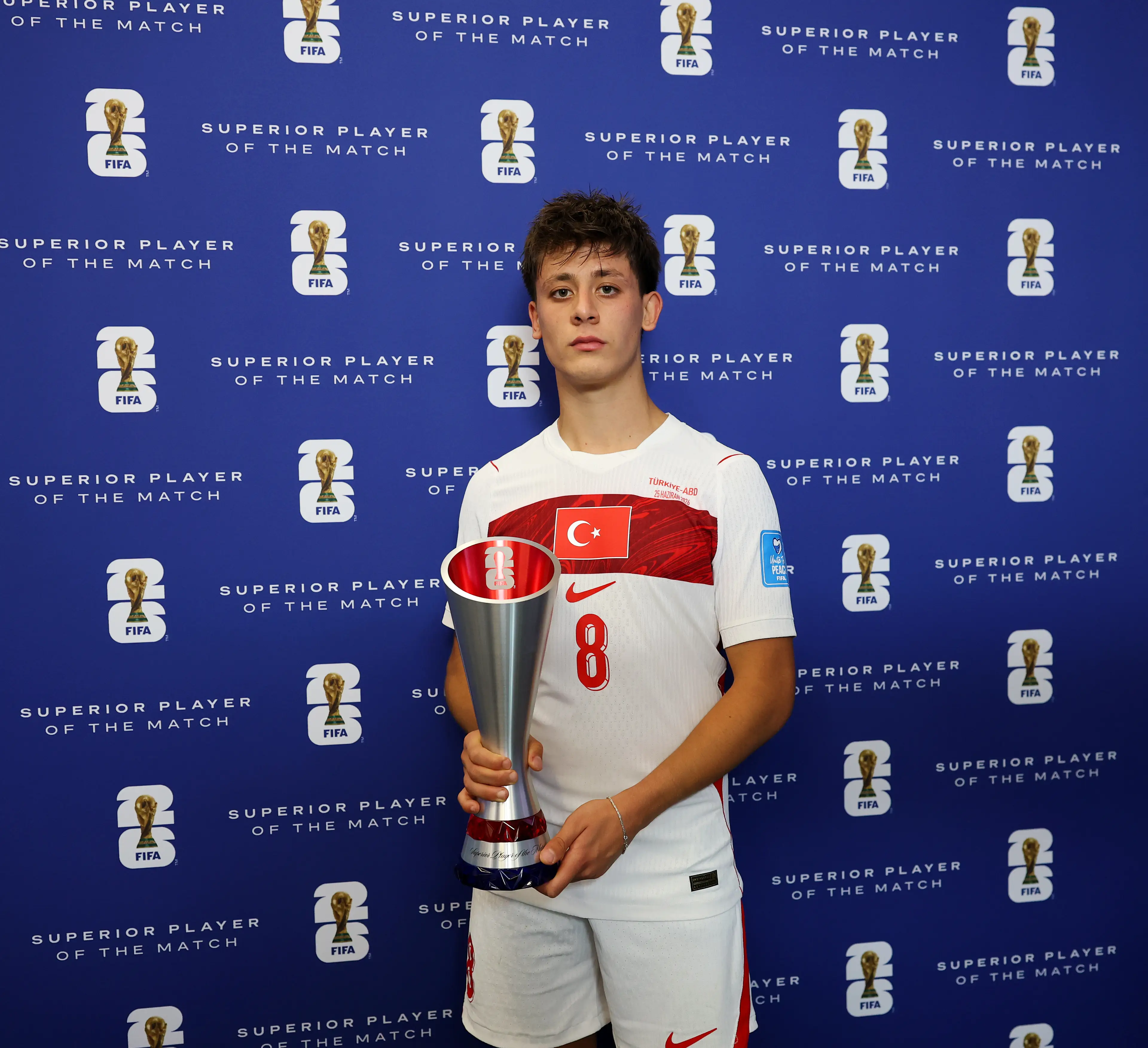 Arda Guler poses with the POTM award after his performance against the United States. Image credit: Getty