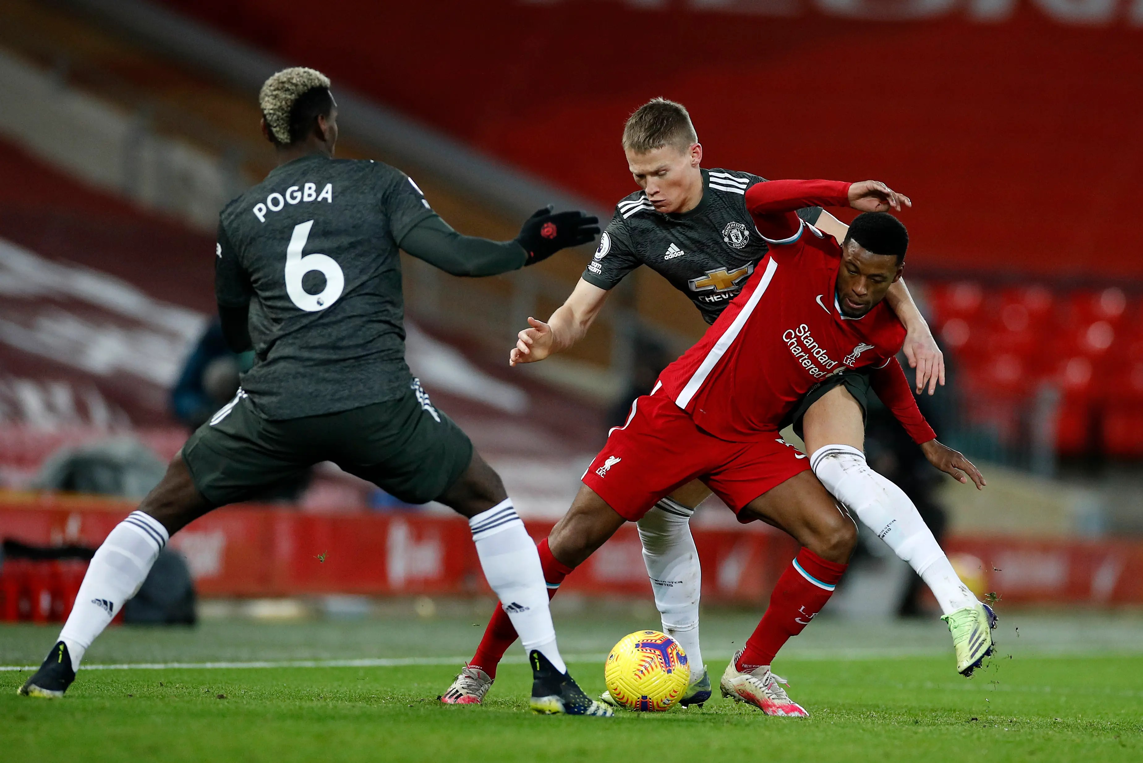 Scott McTominay and Paul Pogba during a Manchester United fixture against Liverpool. Image: Getty 
