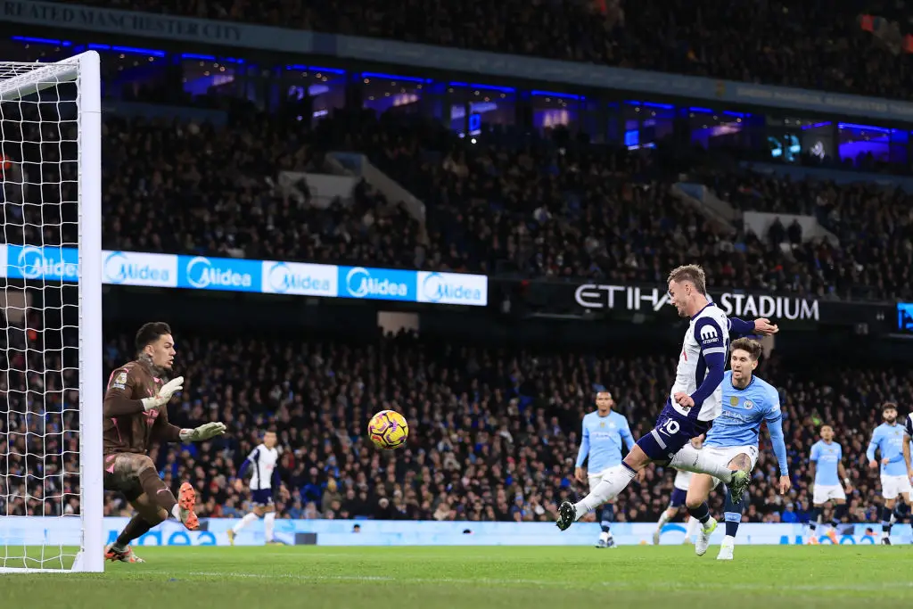 Tottenham Hotspur midfielder James Maddison scored two goals in the first half of the Premier League match against Man City. (Image: Getty)