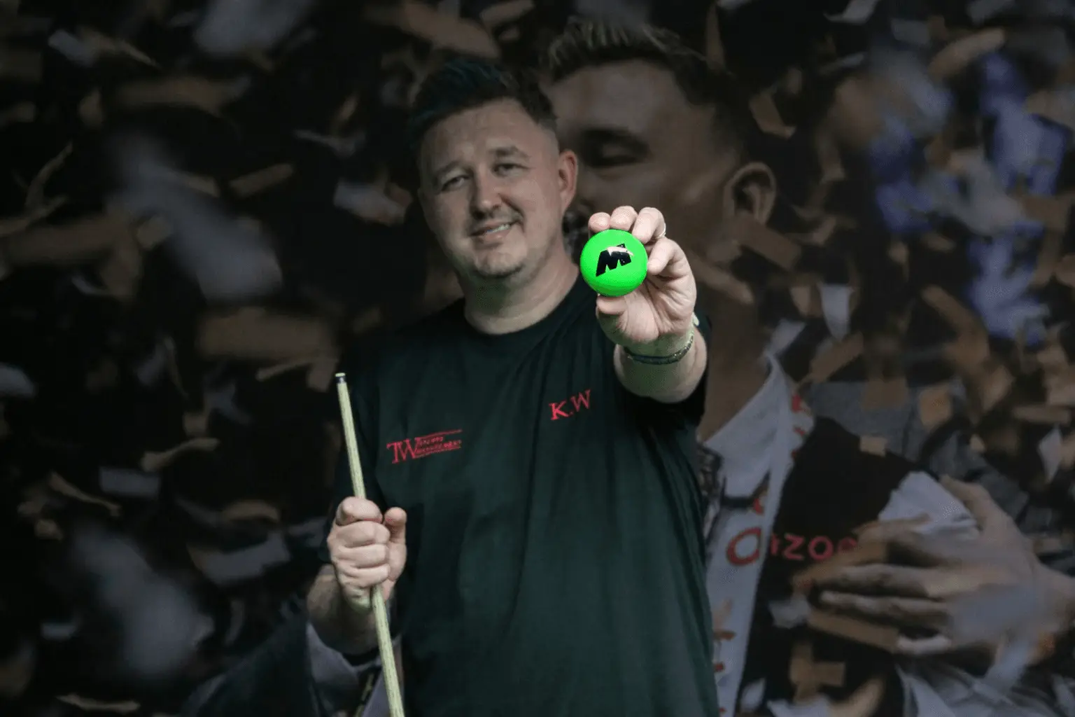 Kyren Wilson poses with the neon green cue ball. Image credit: WST