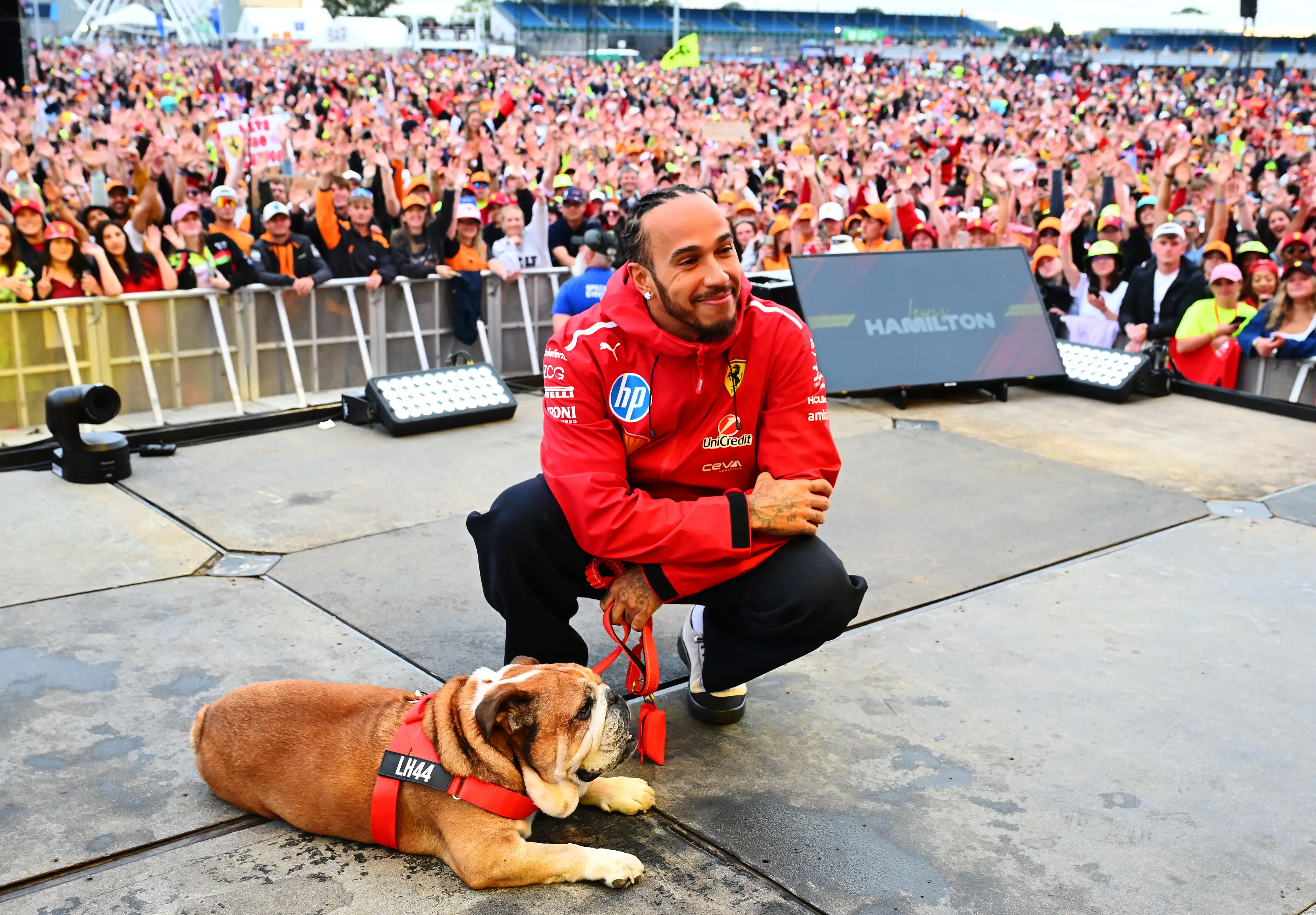 Lewis Hamilton with Roscoe at the 2025 British Grand Prix. Image: Getty
