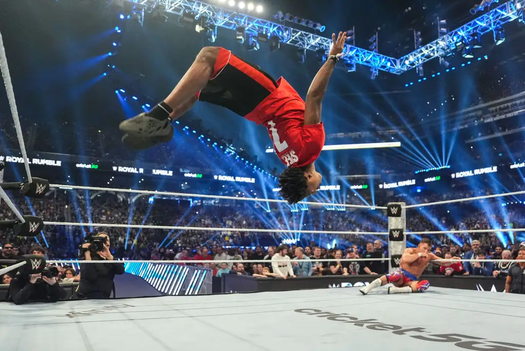 Speed lasted under a minute in the Royal Rumble but still found time for his signature backflip (Image: Getty)