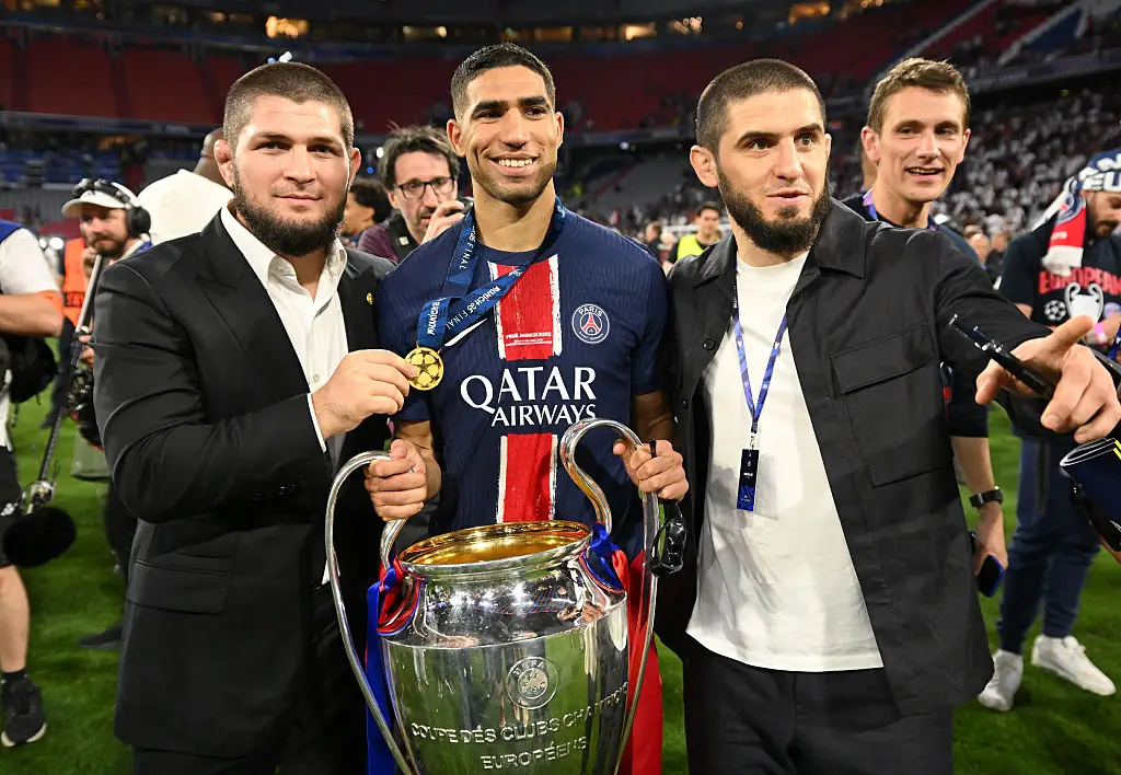 Khabib with Achraf Hakimi and Islam Makhachev at the Champions League final (Credit:Getty)