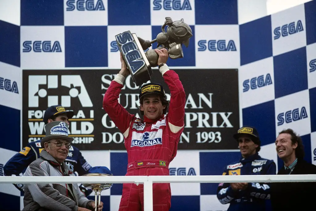 Ayrton Senna celebrates after winning the 1993 European Grand Prix (Image: Getty)