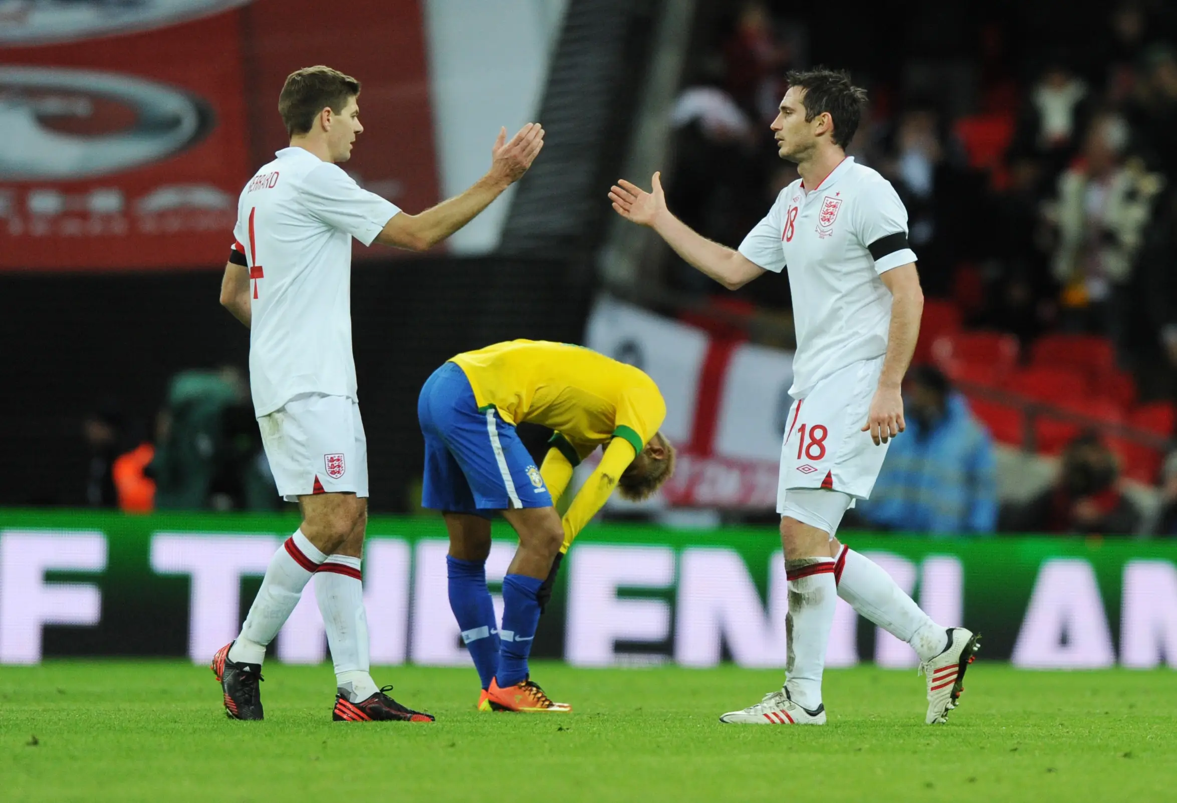 Steven Gerrard and Frank Lampard celebrate an England victory. Image: Getty 