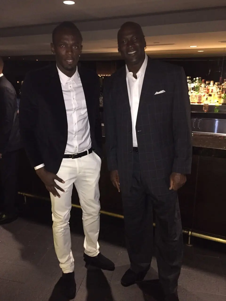 Usain Bolt and Michael Jordan met at the Super Bowl in 2015. Image: Getty