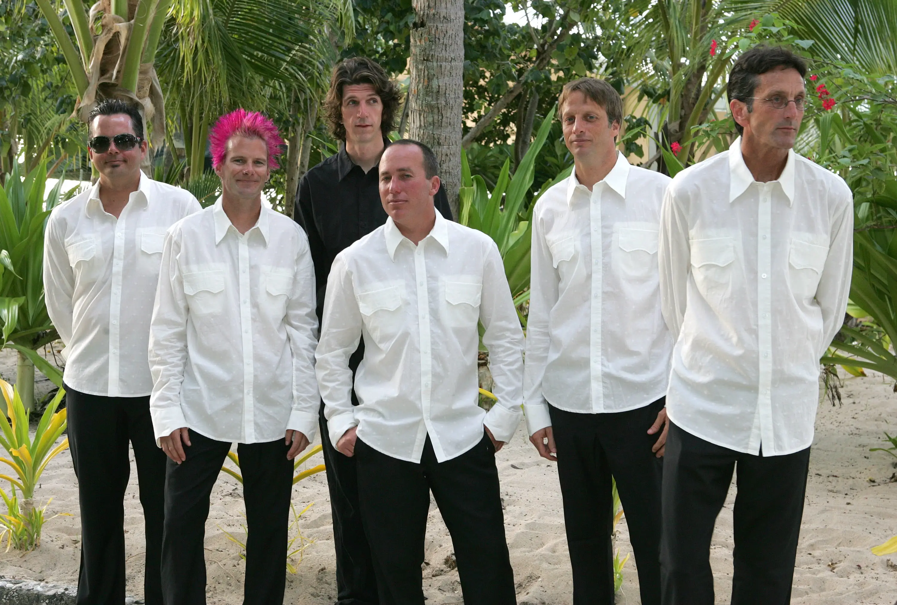 Tony Hawk (second from right) pictured at his 2006 wedding to Lhotse Merriam in Fiji (Image: Getty/Mark Epstein)