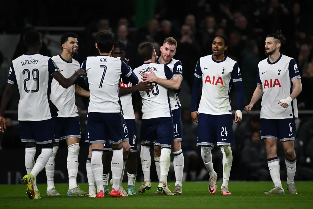 Spurs players celebrate their 4-3 victory over Man Utd in the Carabao Cup quarter-final (Image: Getty)