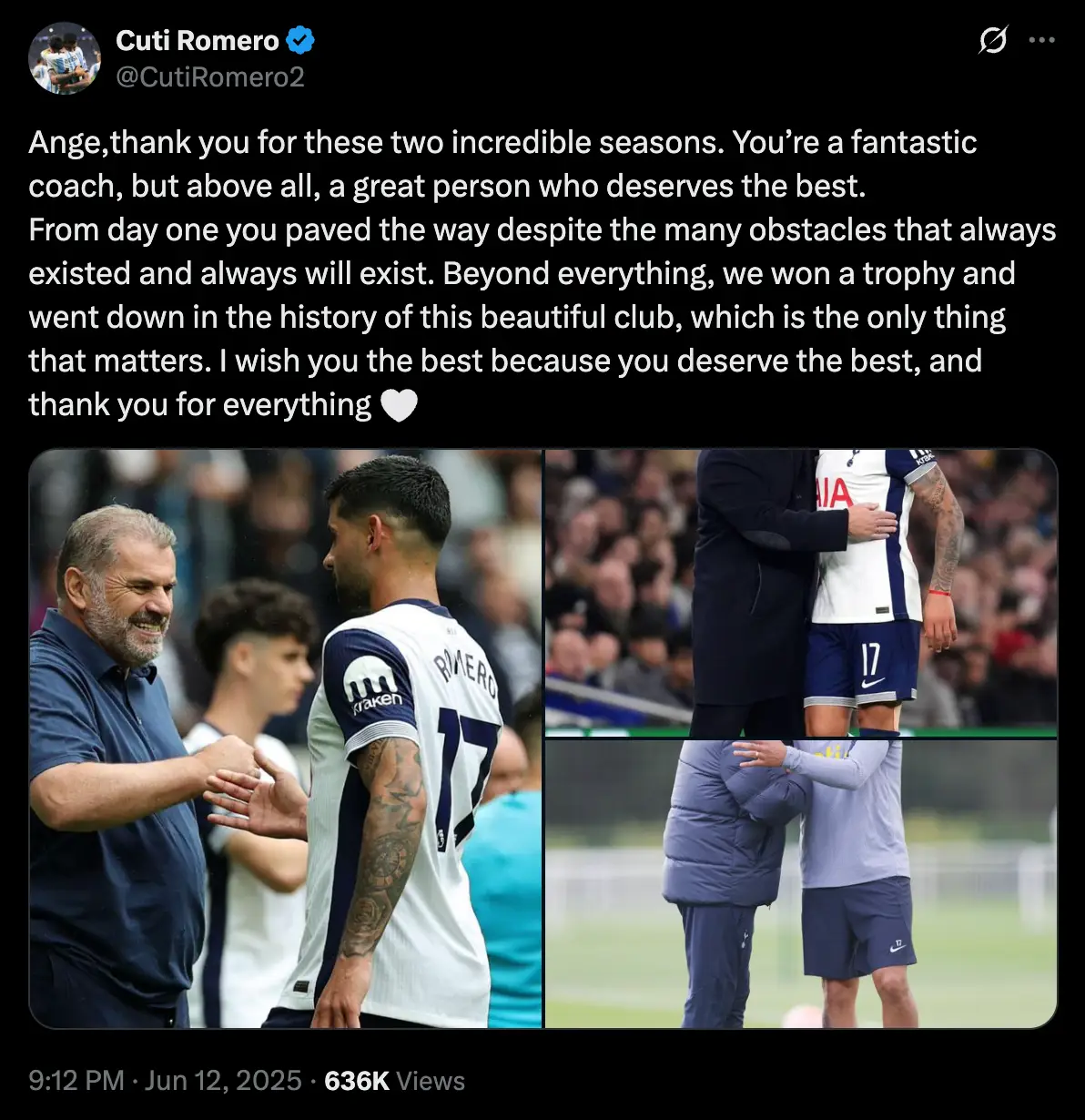 Romero's farewell message to Ange Postecoglou (Image: Twitter/@cutiromero2)