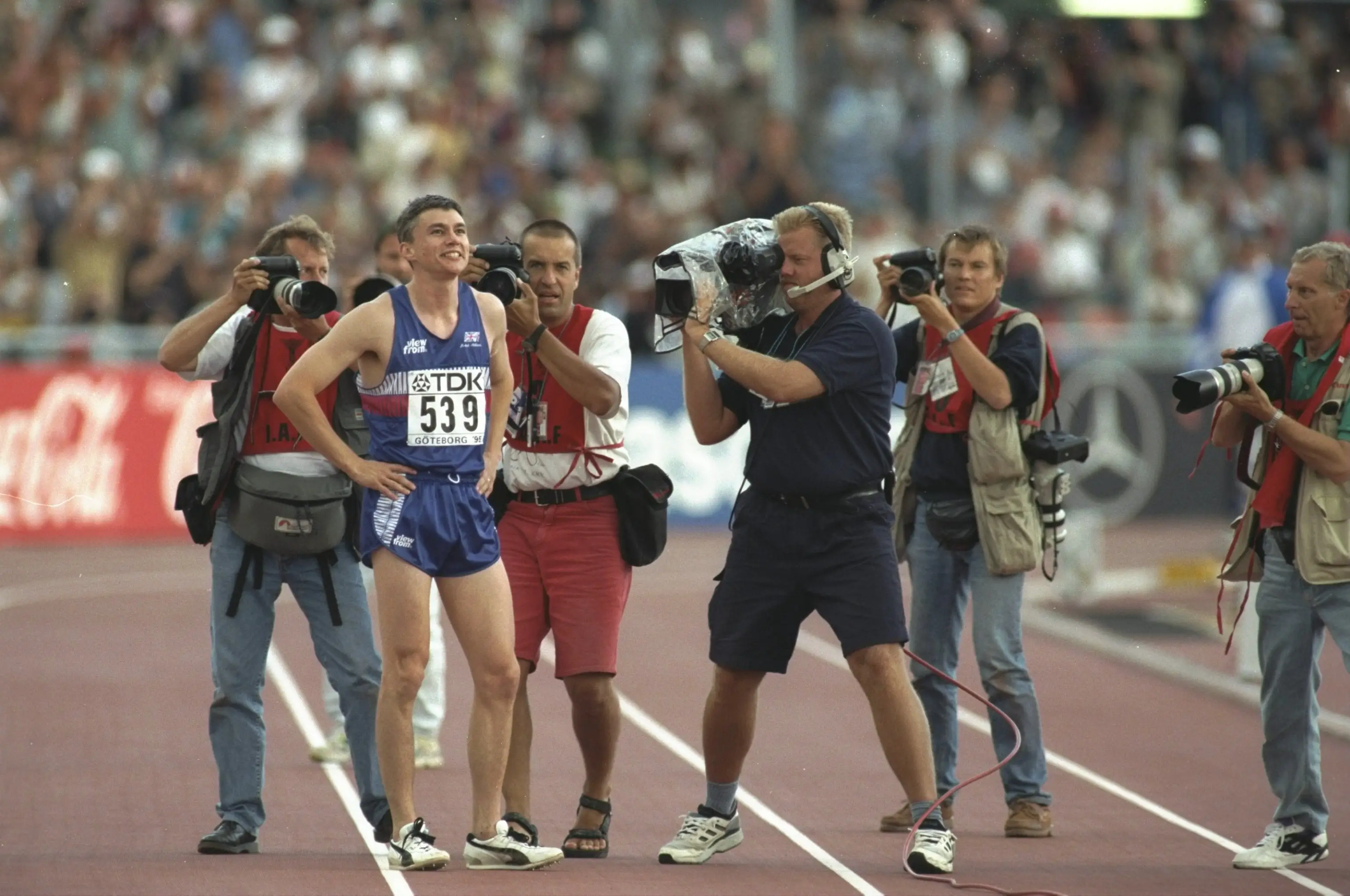 Jonathan Edwards after winning the Triple Jump event in Gothenburg. Image credit: Getty