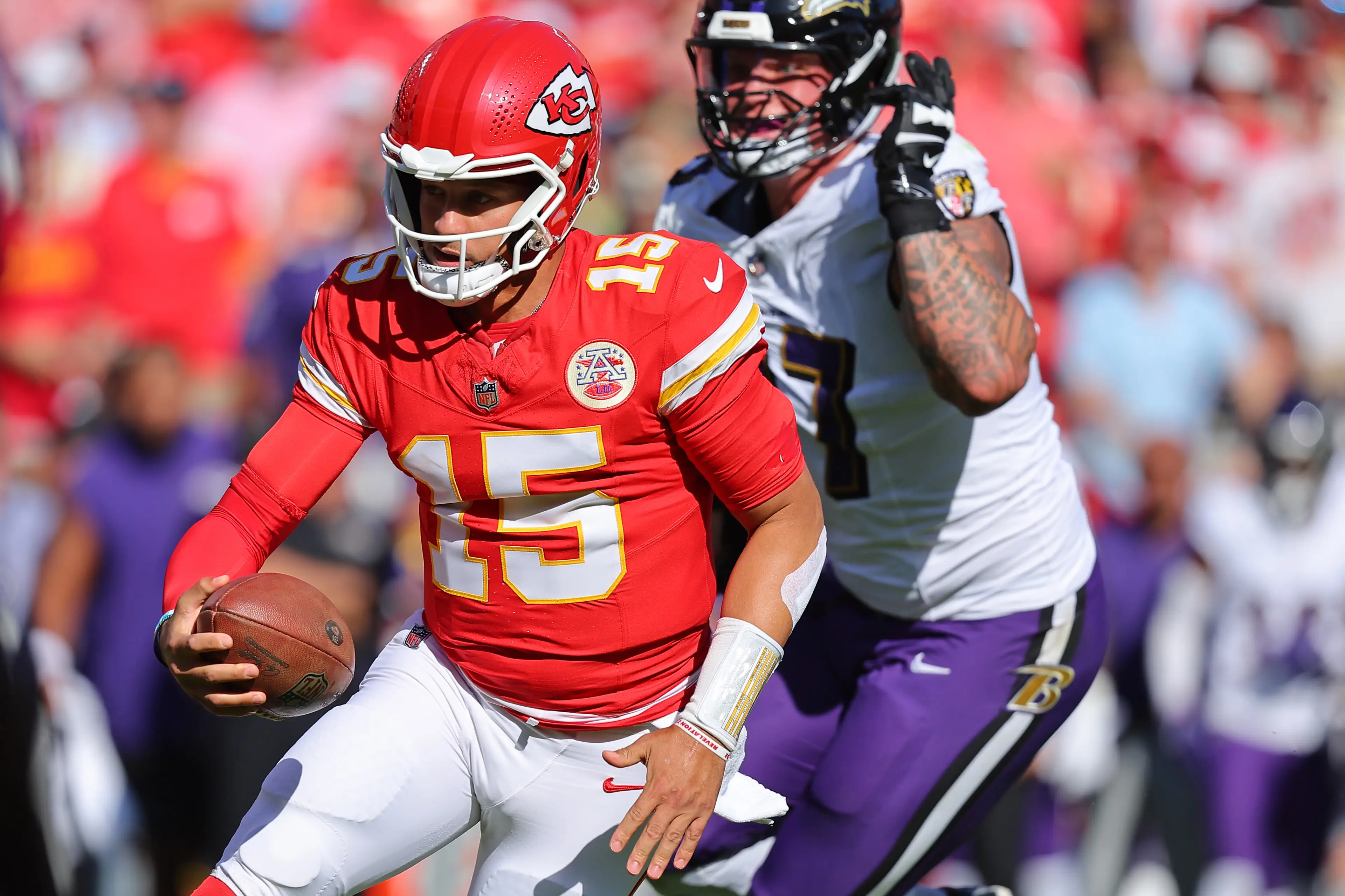 Patrick Mahomes playing for the Kansas City Chiefs. Image: David Eulitt / Stringer via Getty