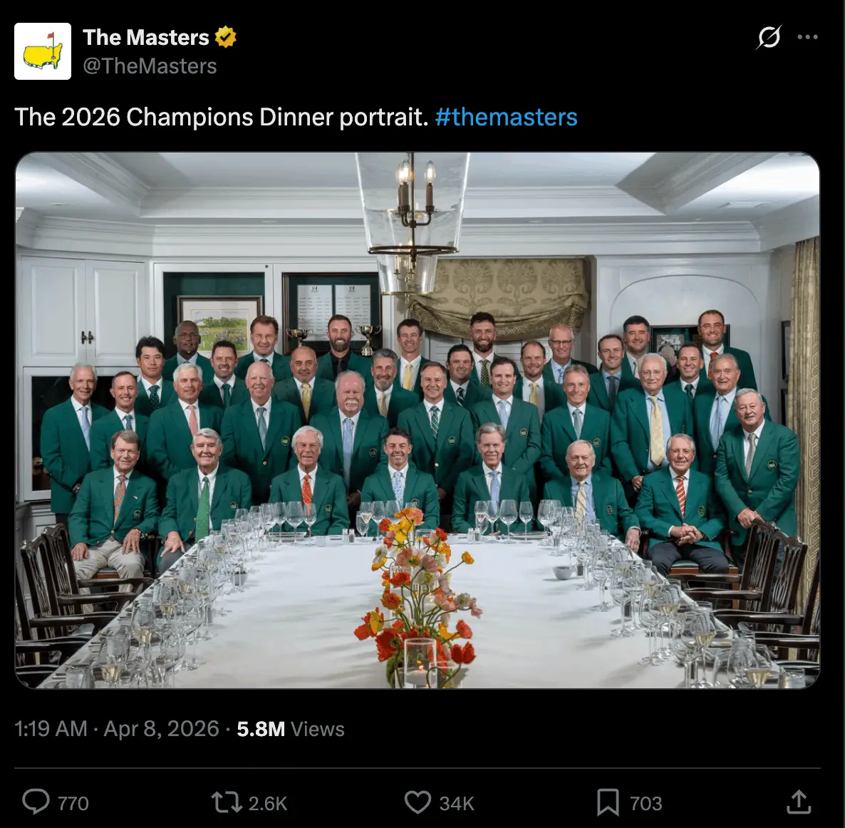 The 2026 Masters Champions Dinner portrait (Image: Twitter/@TheMasters)