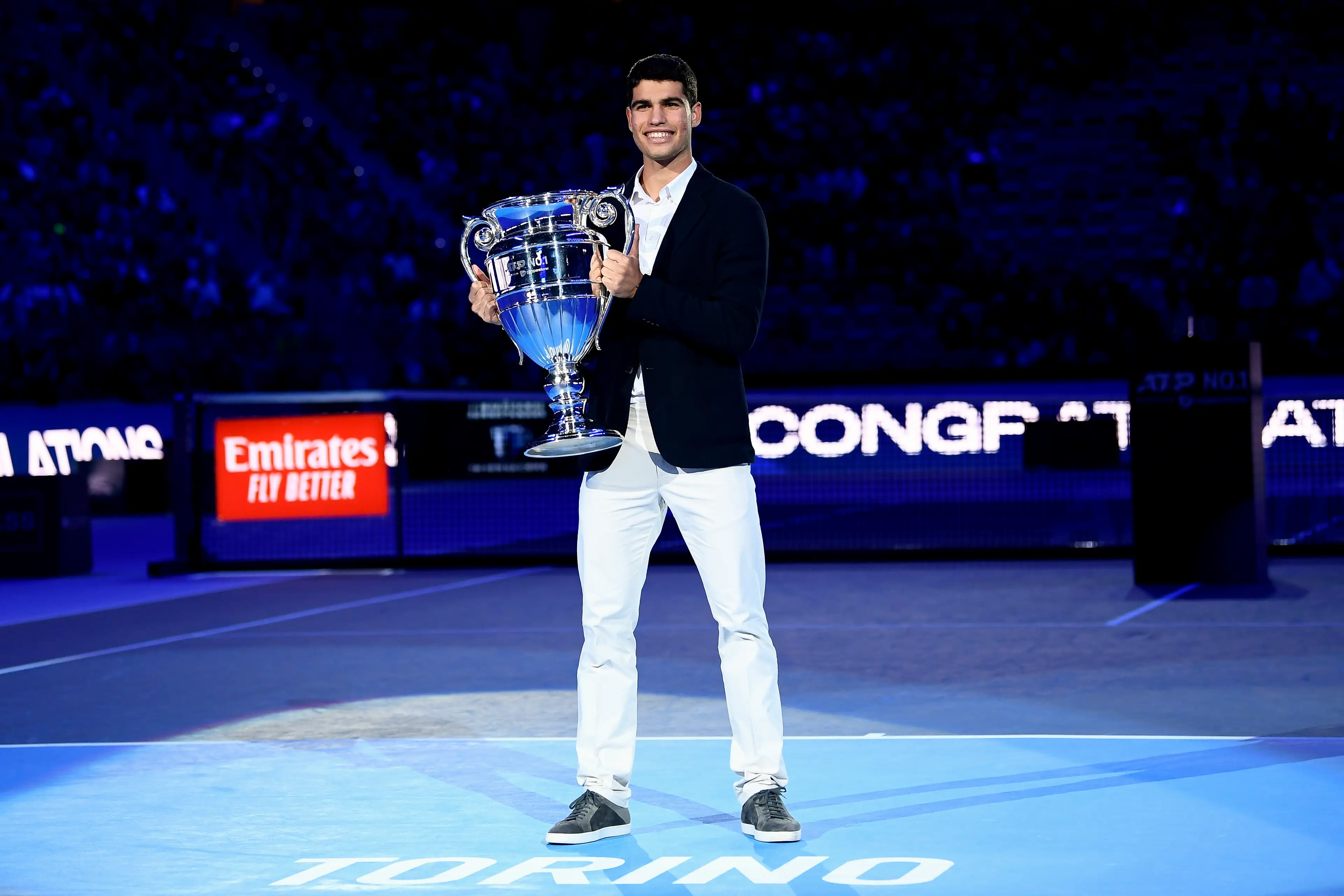 Carlos Alcaraz is in a green at position to get his hands on ATP Year-End No. 1 trophy again. Image: Getty