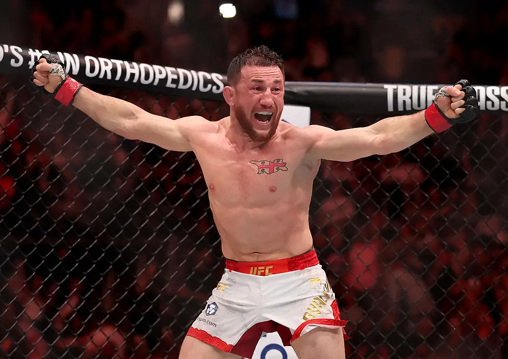 Merab Dvalishvili defends his UFC bantamweight title in a fight with Cory Sandhagen at UFC 320. (Image: Elsa/Getty Images)