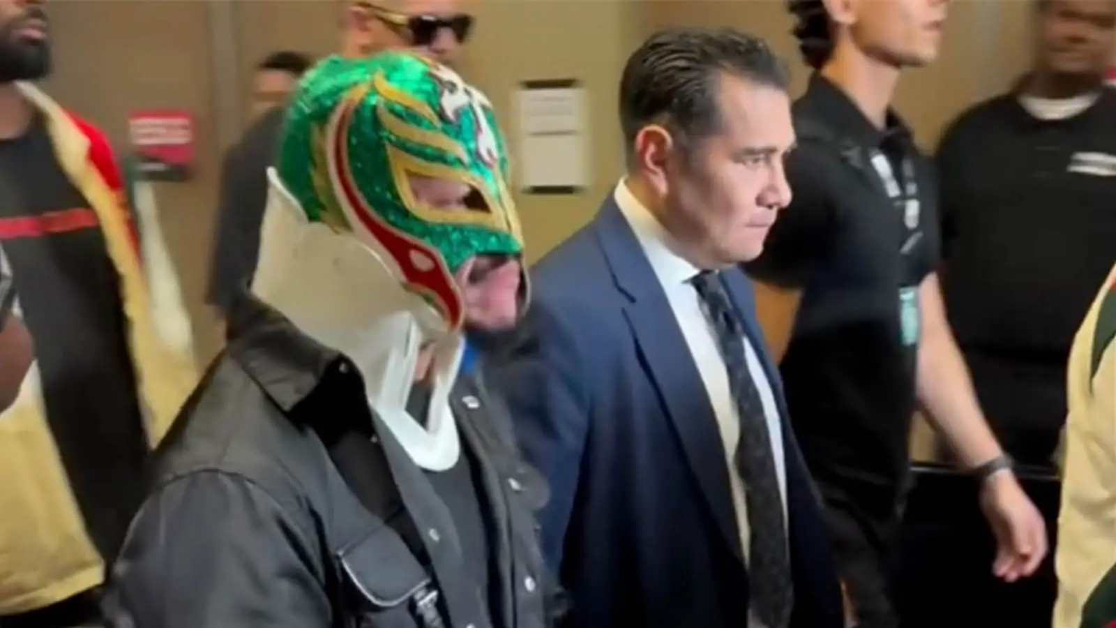 Rey Mysterio wore a neck brace during Ryan Garcia's ring walk (Image: Twitter)
