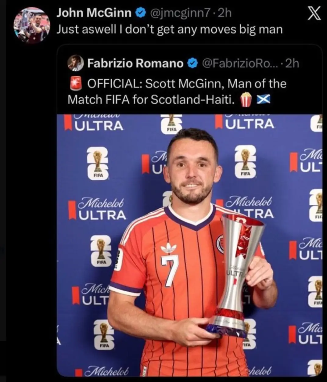 McGinn responds to Fabrizio Romano. Image credit: X