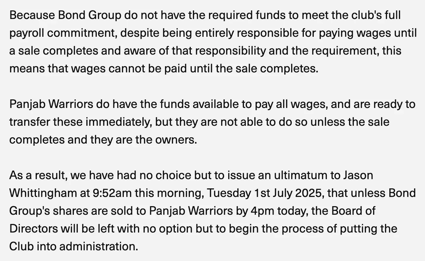 The Morecambe Board of Directors statement (Image: Morecambe Football Club)
