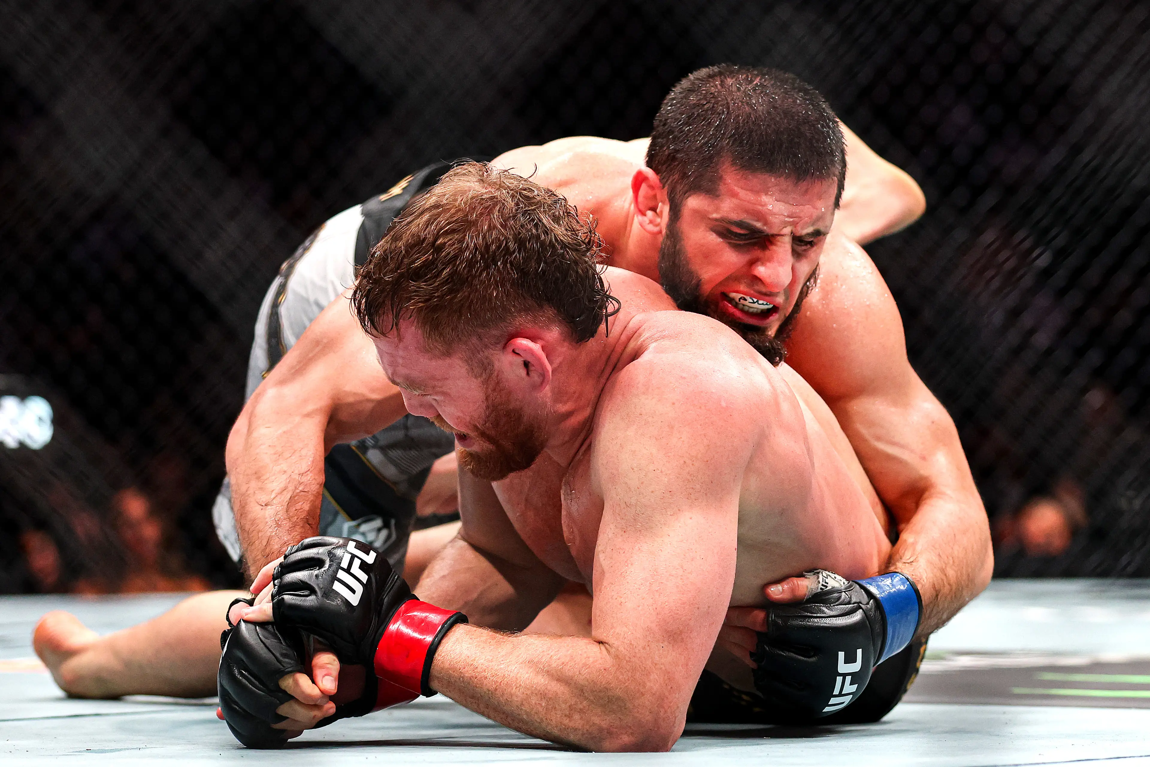Islam Makhachev during his UFC title fight against Jack Della Maddalena. Image: Getty 