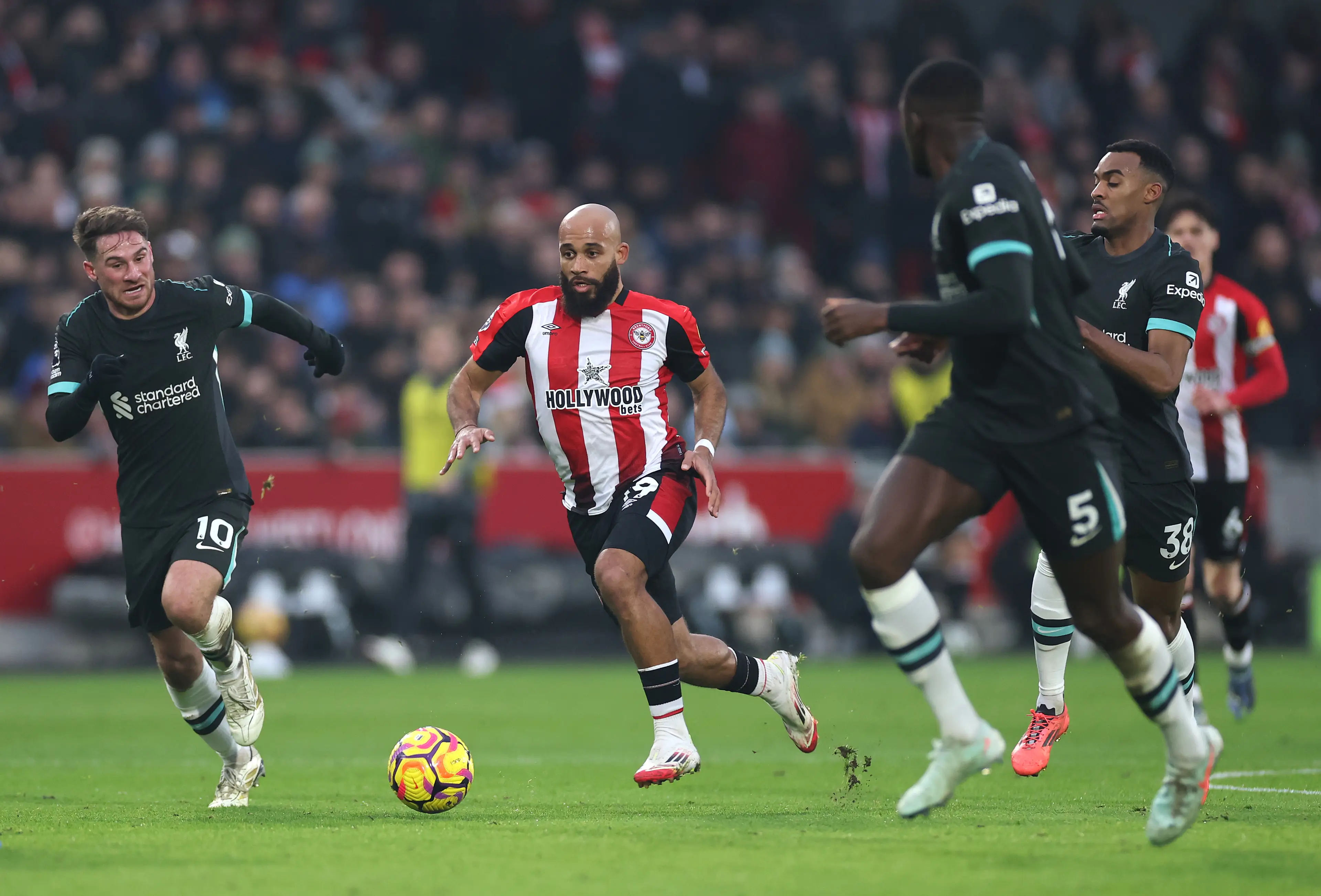 Bryan Mbeumo in action against Liverpool. Image: Getty