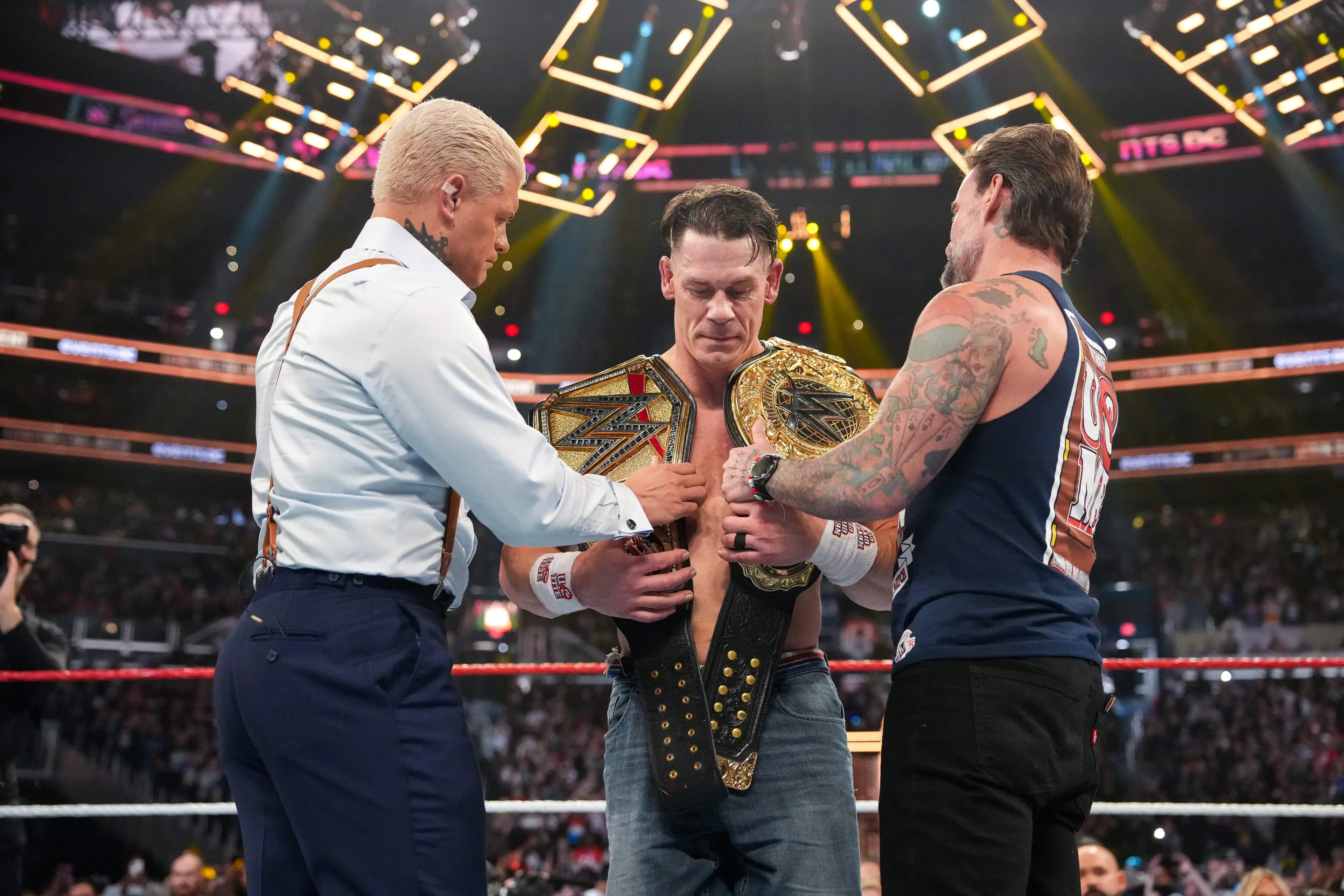 Rhodes was visibly emotional after Cena hung up his jorts. Image: Getty